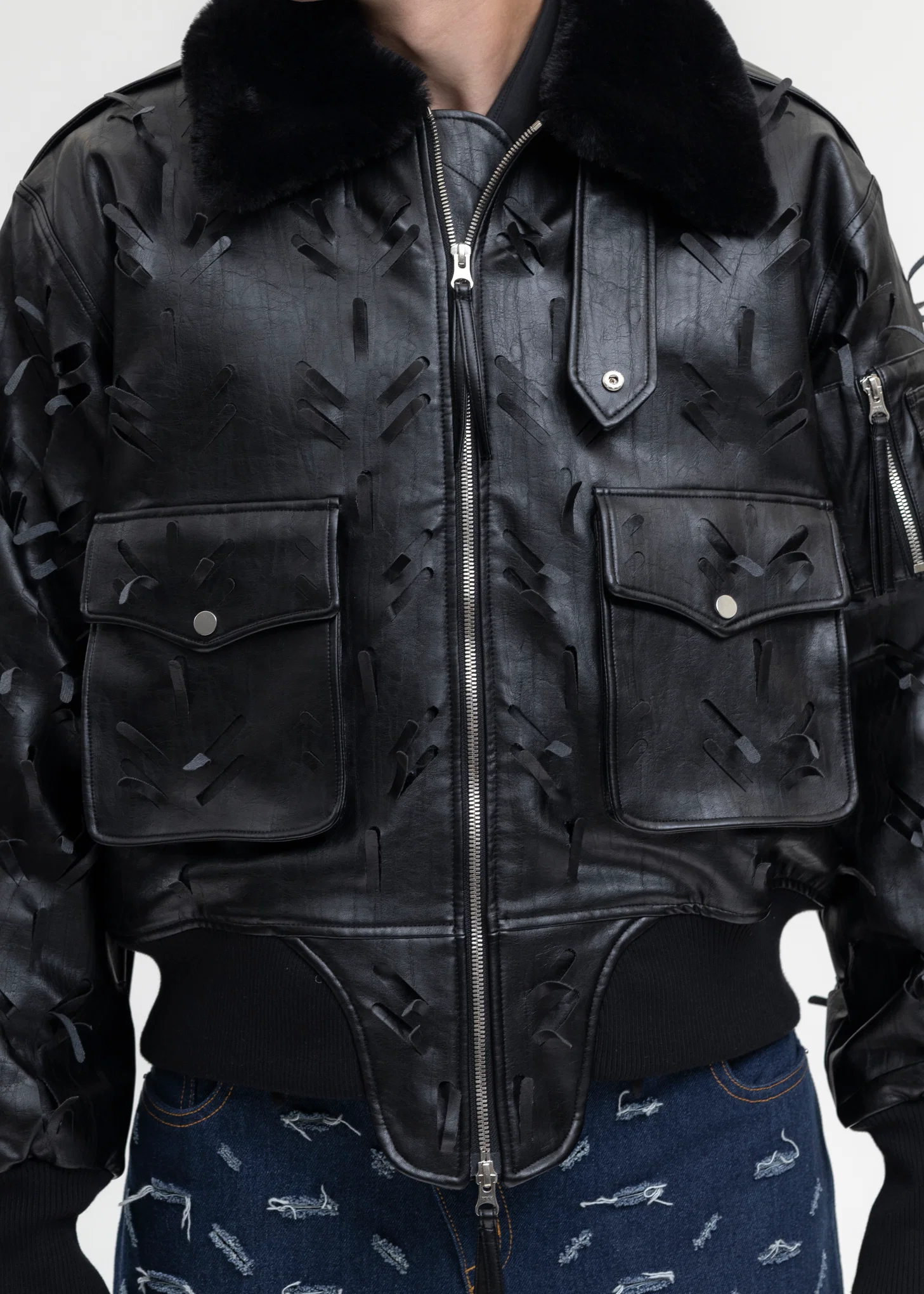 BLACK LASER-SLASHED A-2 FLIGHT FAUX LEATHER JACKET - Image 4