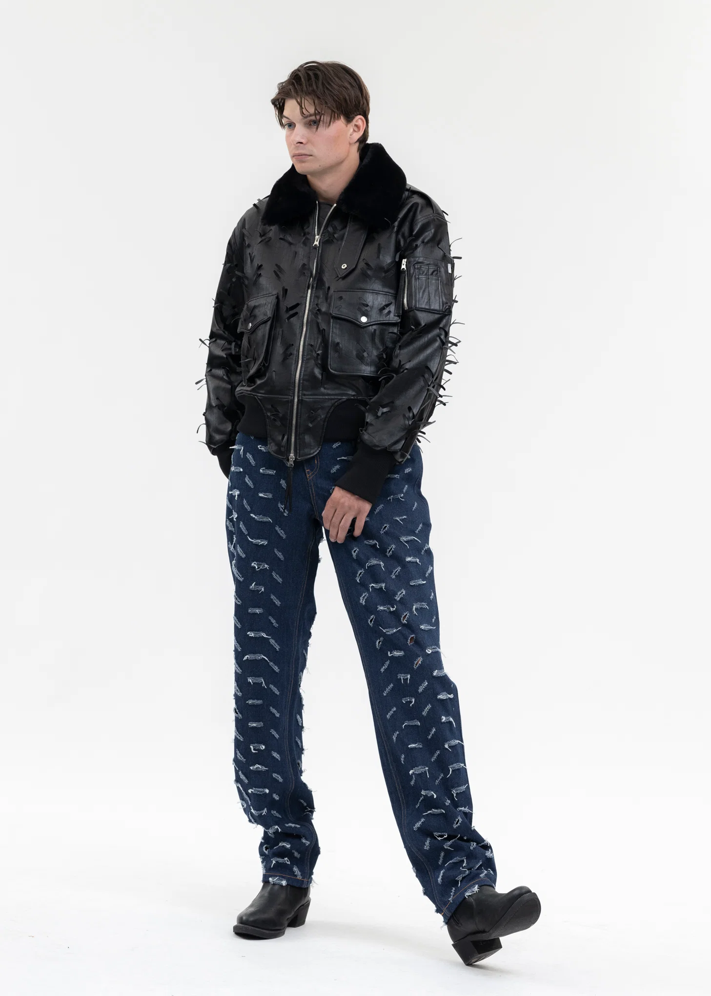 BLACK LASER-SLASHED A-2 FLIGHT FAUX LEATHER JACKET - Image 5