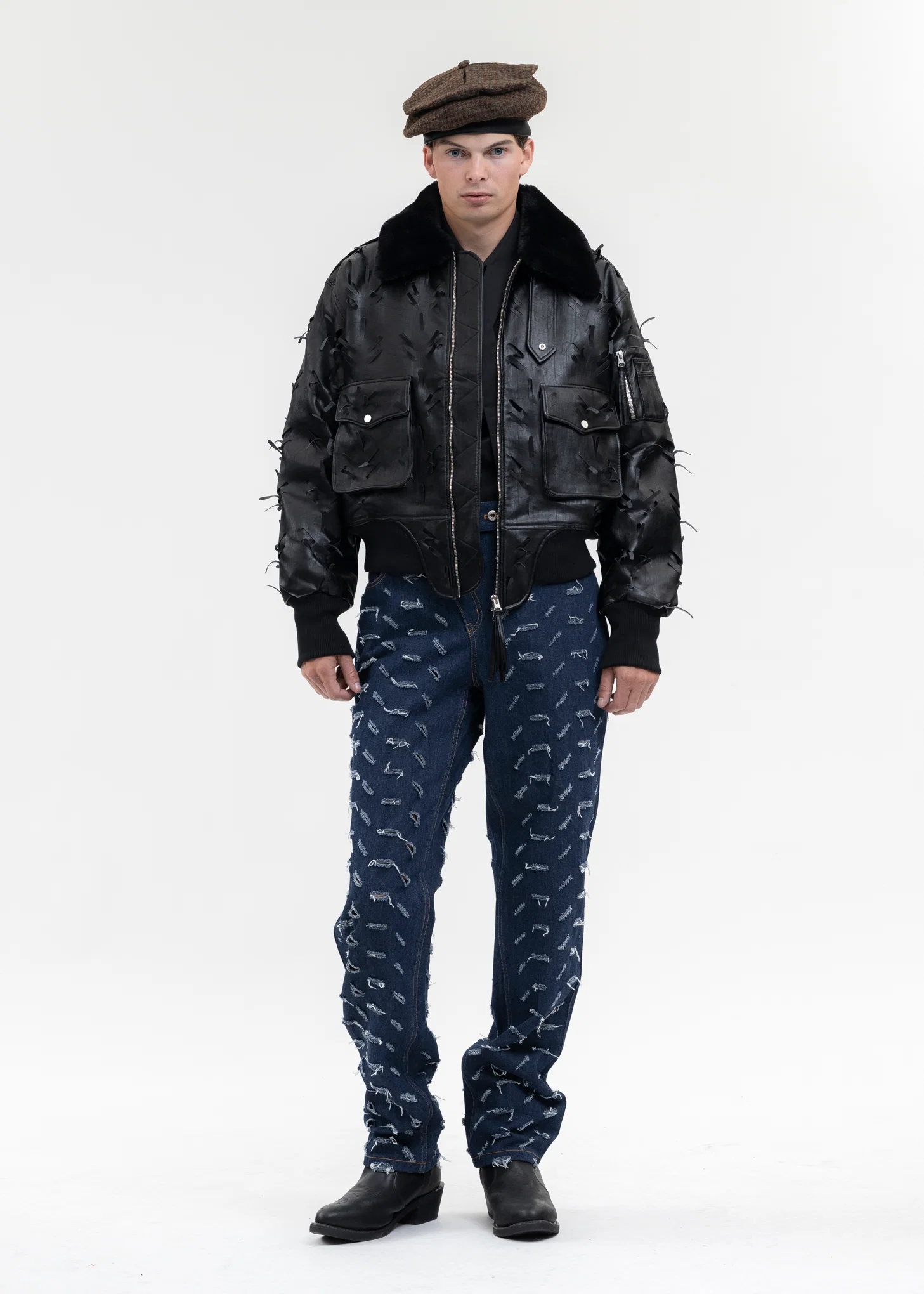 BLACK LASER-SLASHED A-2 FLIGHT FAUX LEATHER JACKET - Image 6