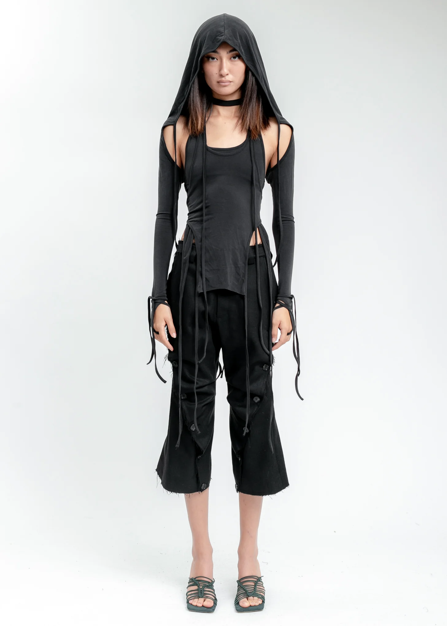 Black Layered Halter Top With Hooded Sleeve