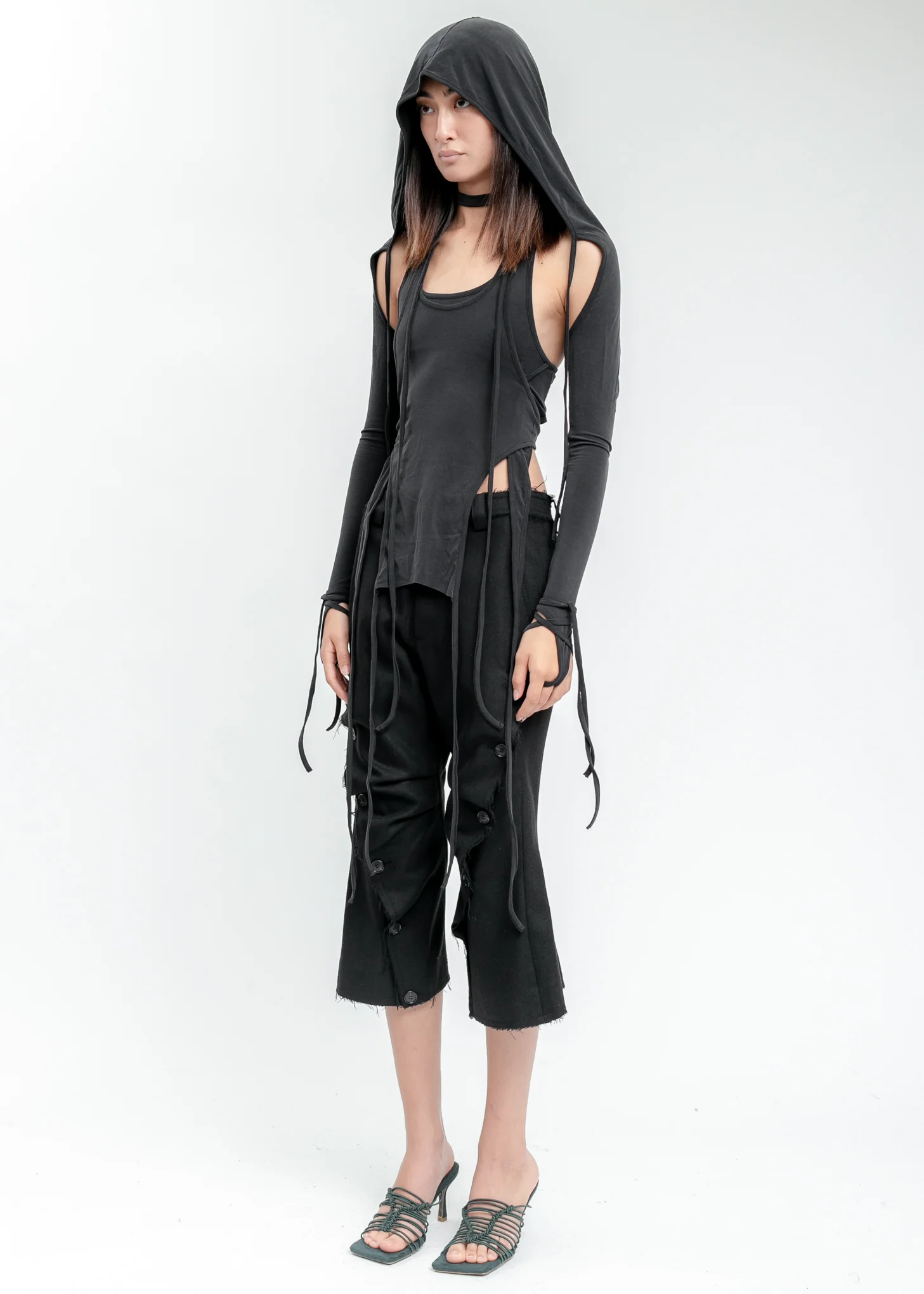 Black Layered Halter Top With Hooded Sleeve - Image 3
