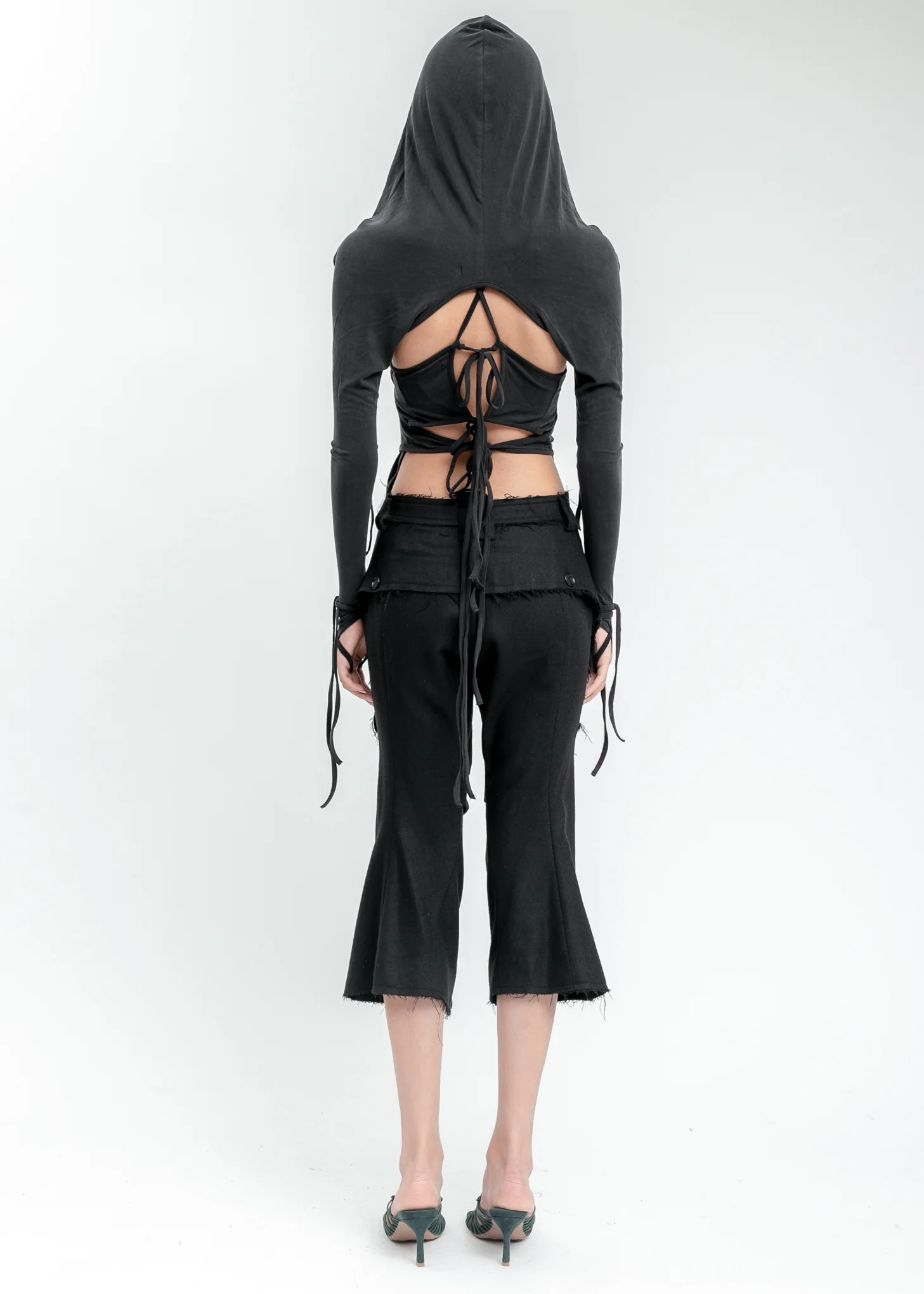 Black Layered Halter Top With Hooded Sleeve - Image 4