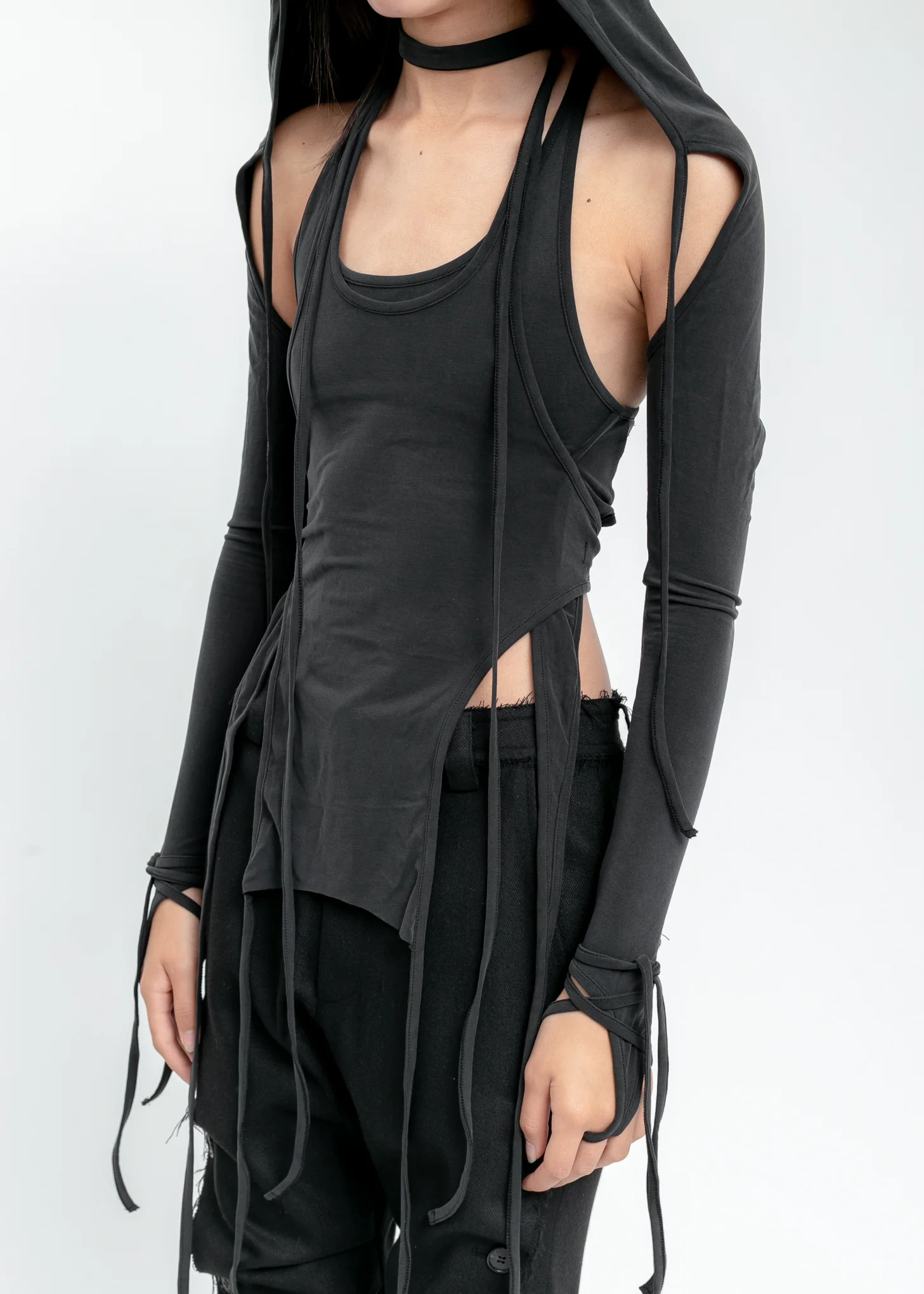 Black Layered Halter Top With Hooded Sleeve - Image 5