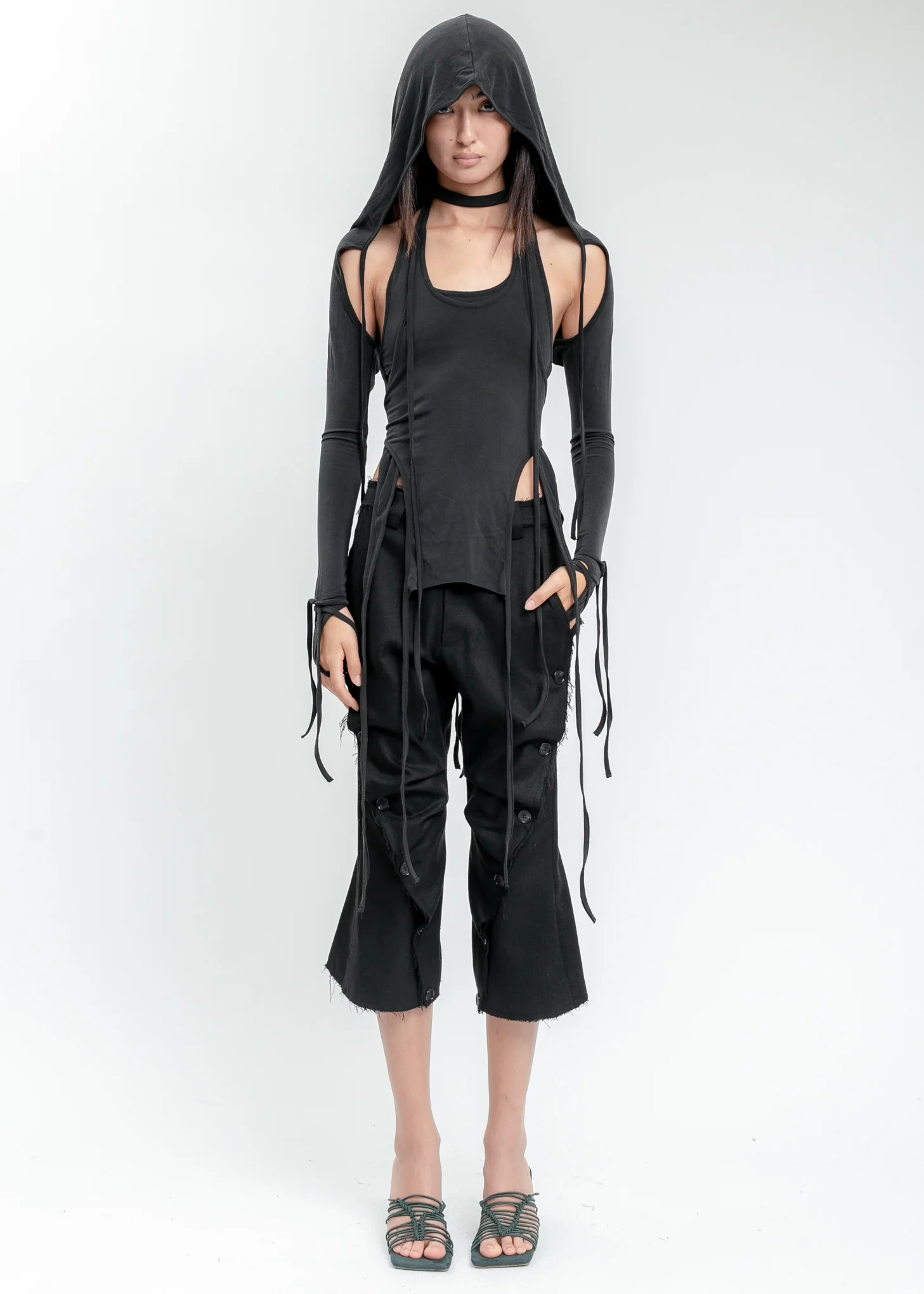 Black Layered Halter Top With Hooded Sleeve - Image 6