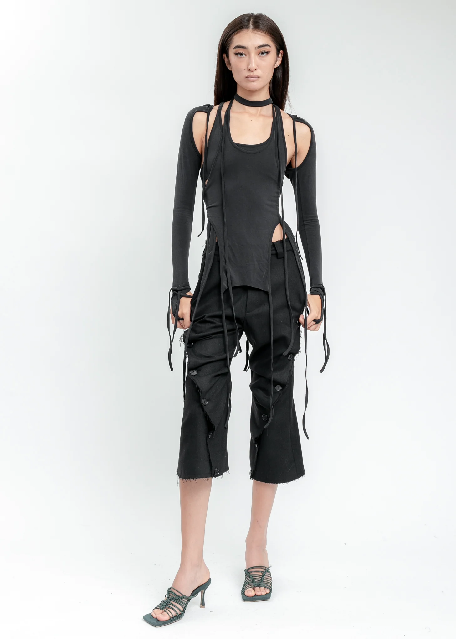 Black Layered Halter Top With Hooded Sleeve - Image 7