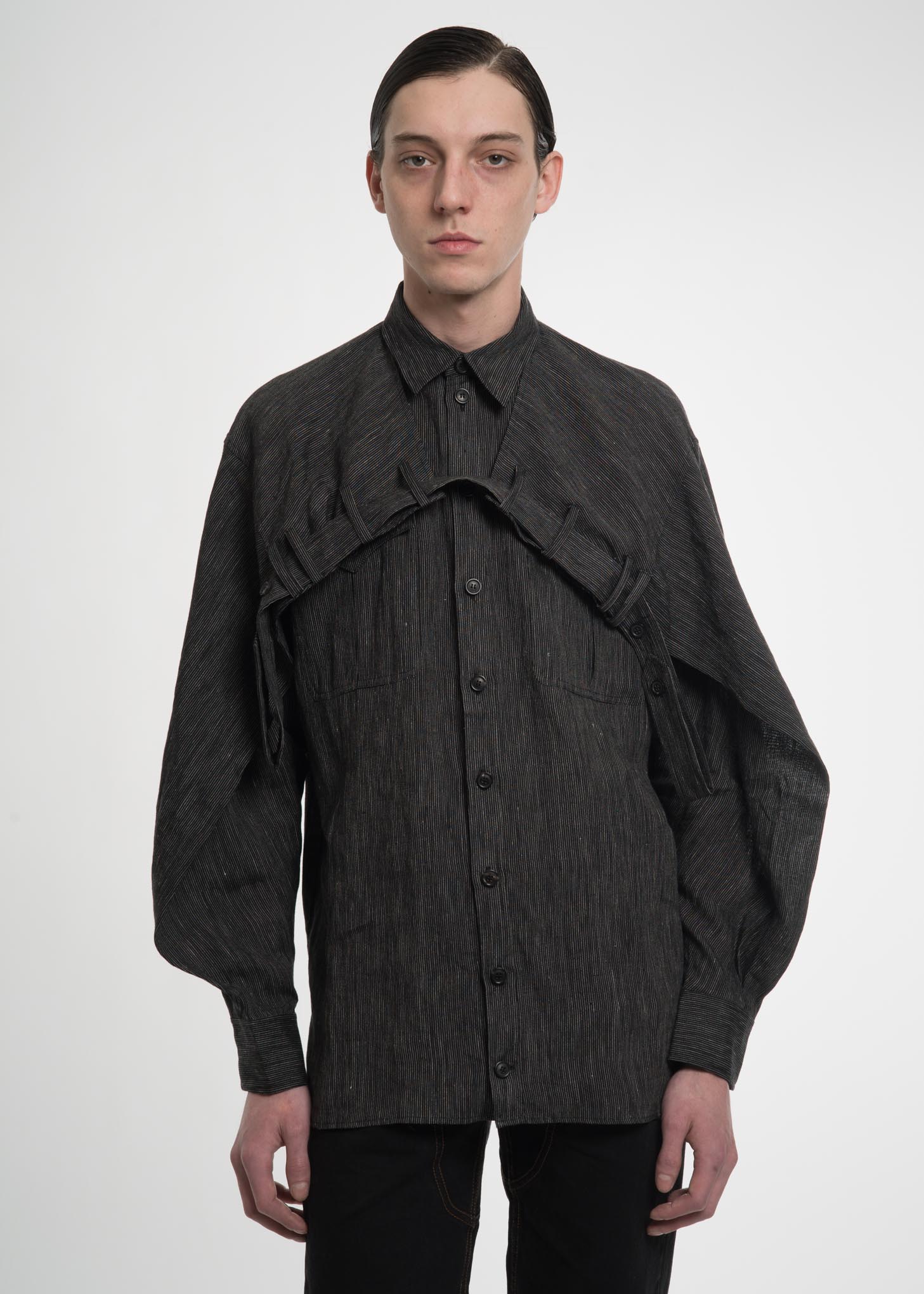 Black Linen Double Shoulder Shirt - Image 2