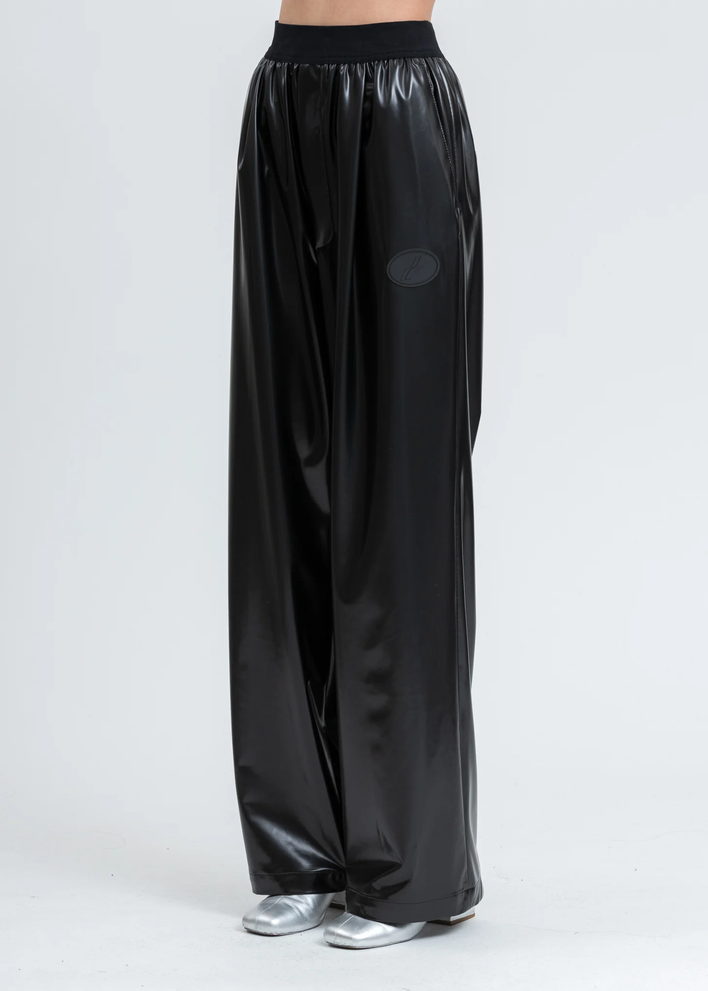 Black Logo Latex Textured Trousers - Image 2