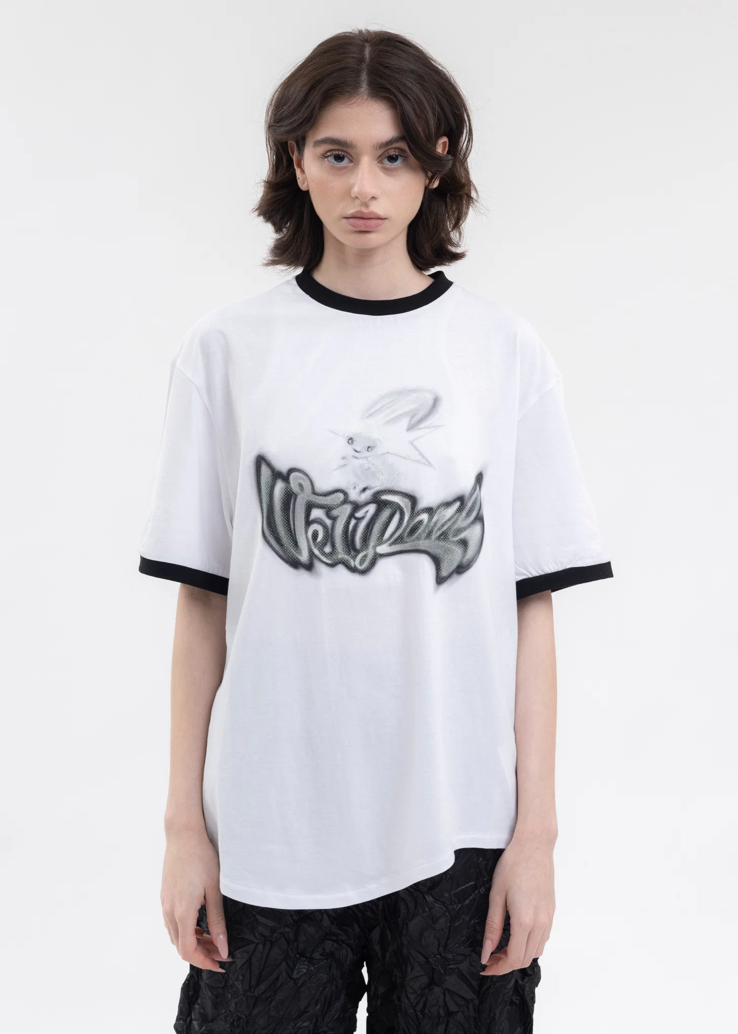 BLACK LOGO MONSTER PRINT RINGER T-SHIRT