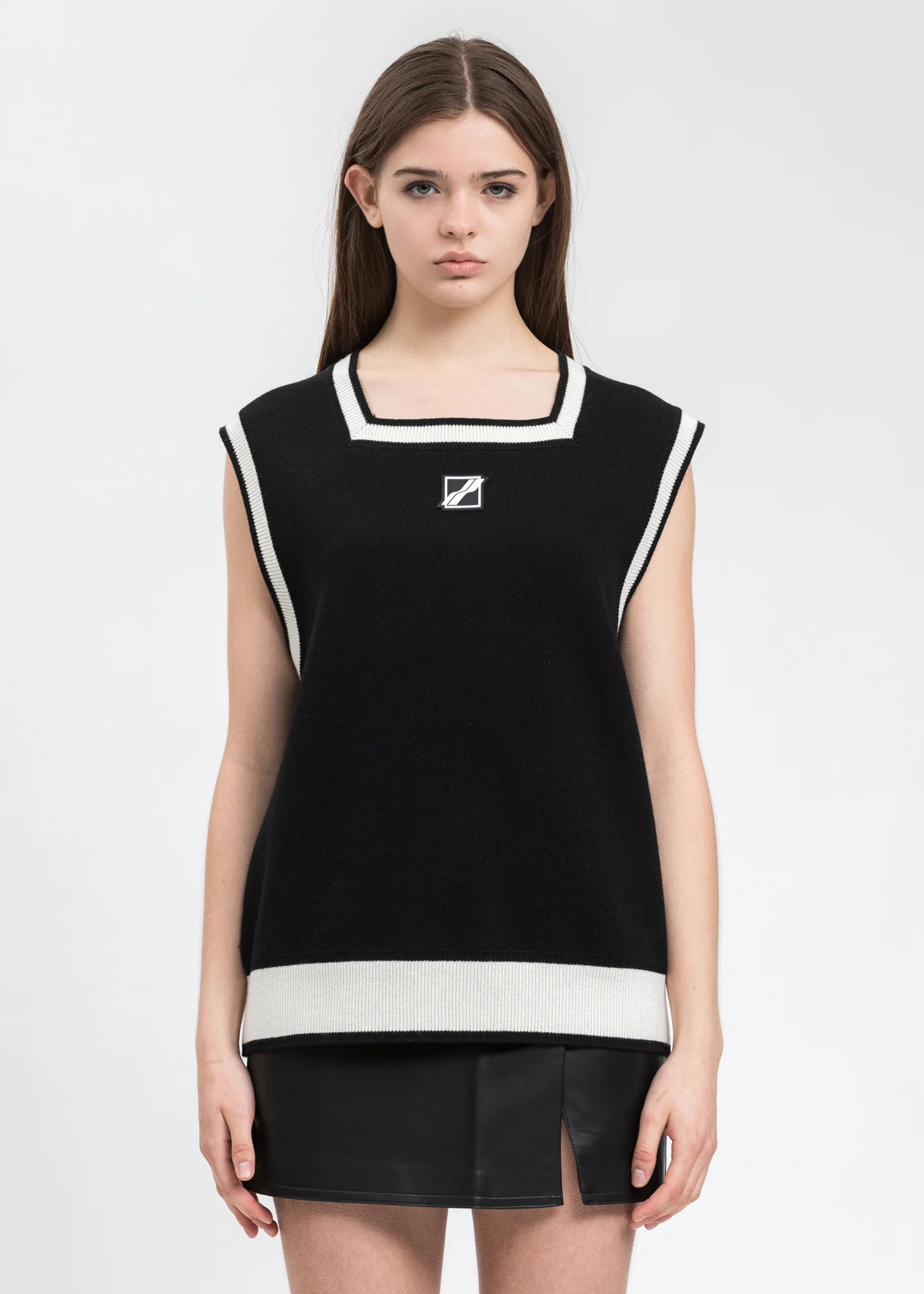 Black Logo Patched Square Neck Vest