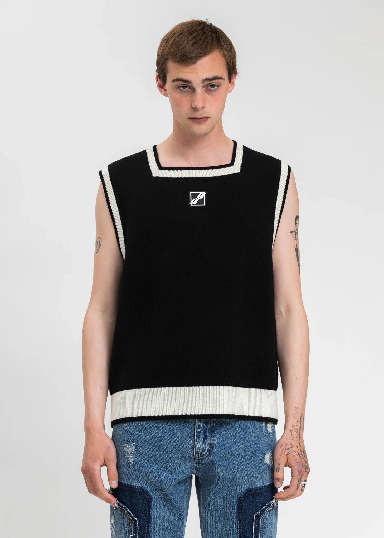 Black Logo Patched Square Neck Vest