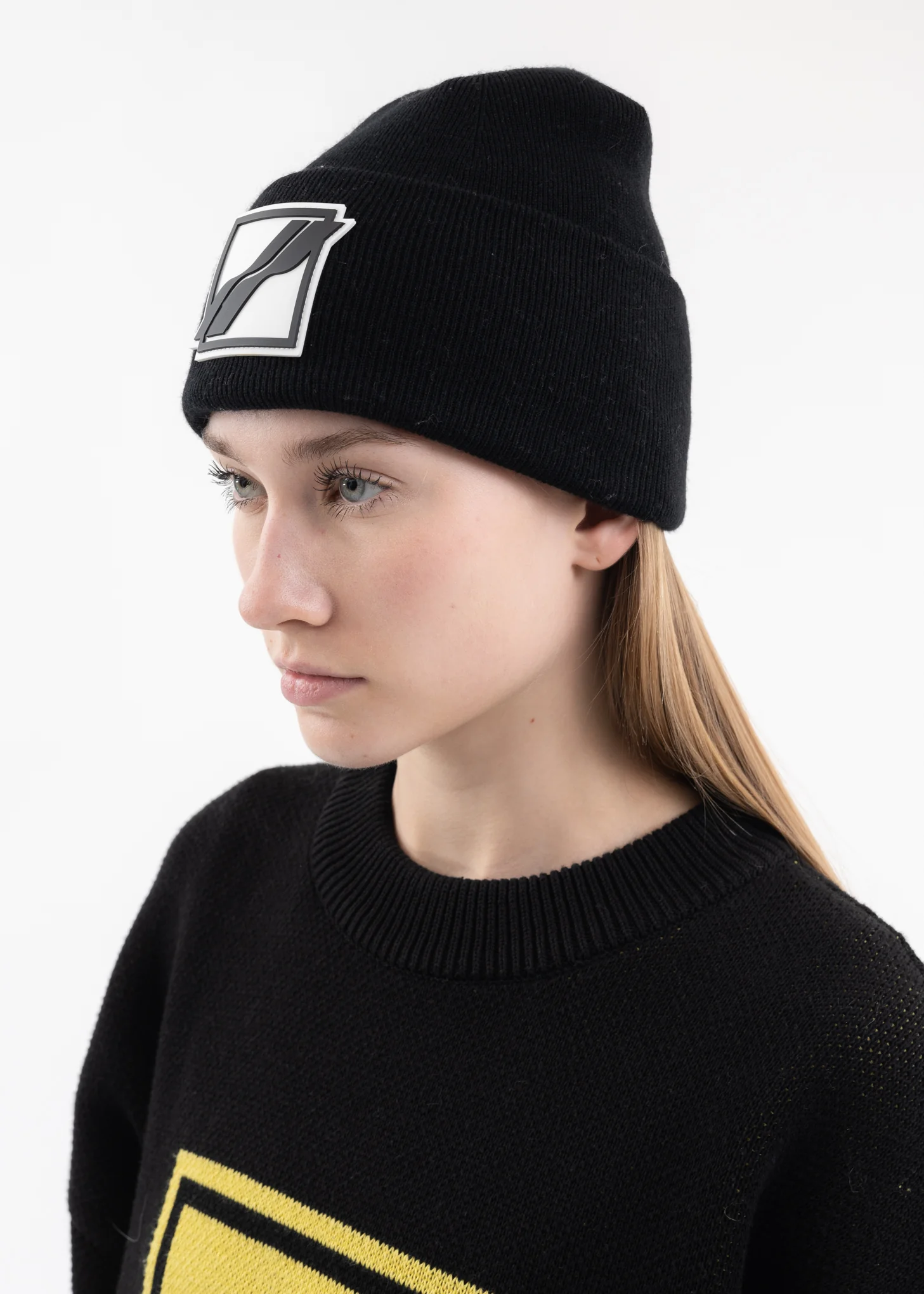 Black Logo Patched Wide Rib Beanie - Image 2