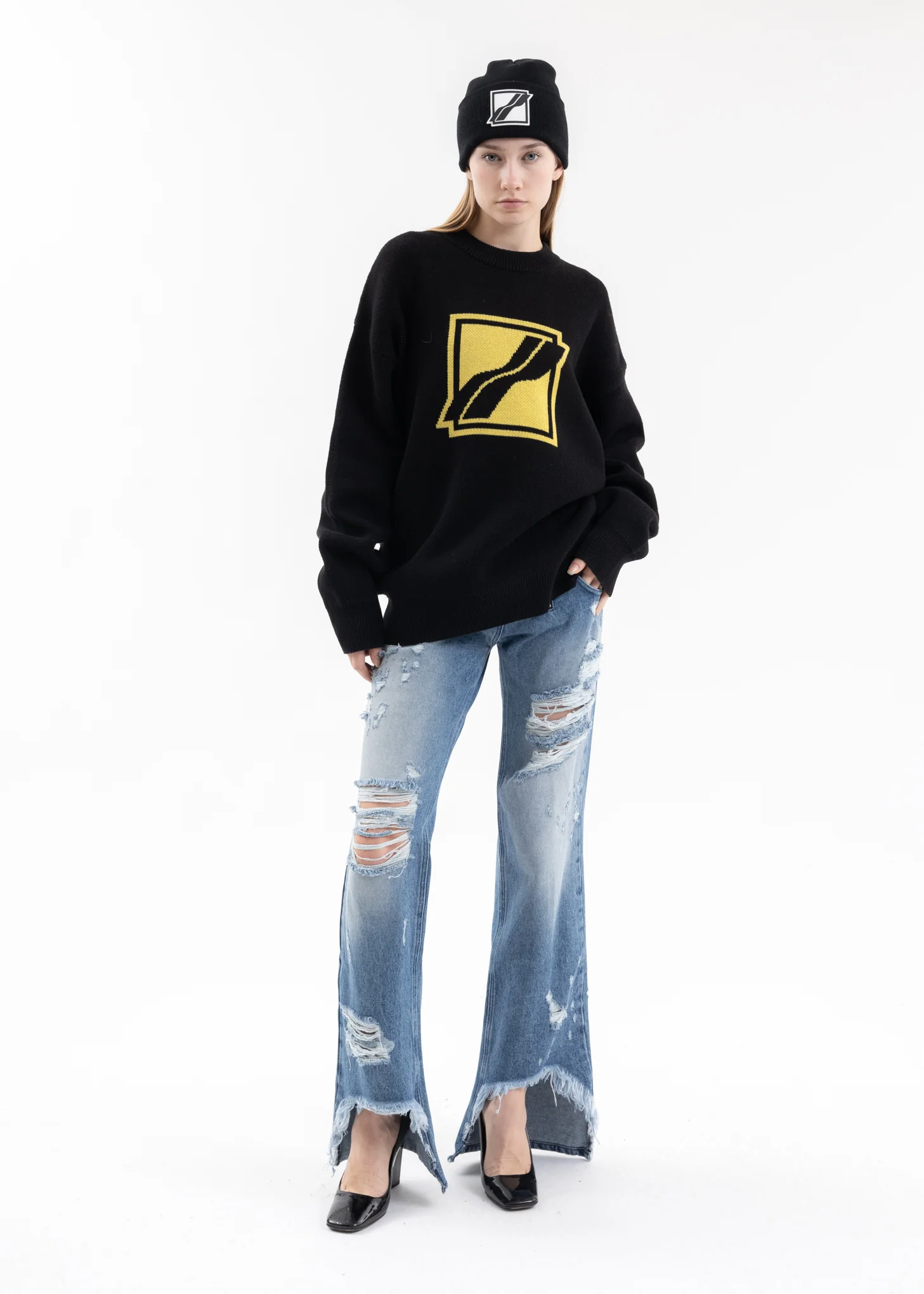 Black Logo Patched Wide Rib Beanie - Image 4