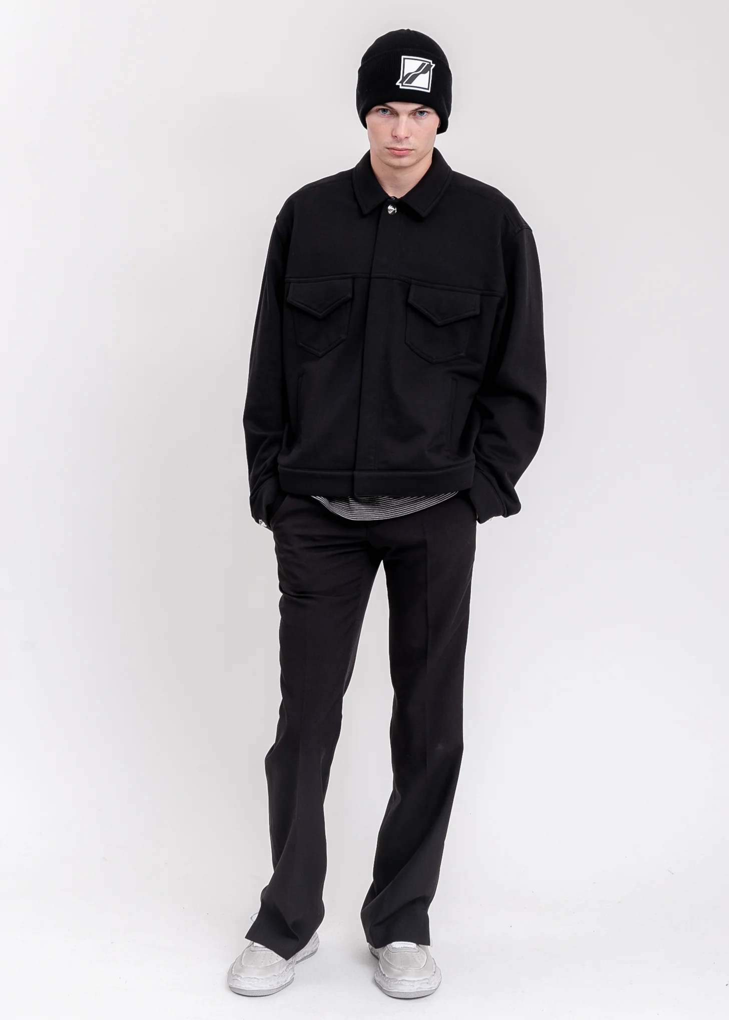 Black Logo Patched Wide Rib Beanie - Image 4