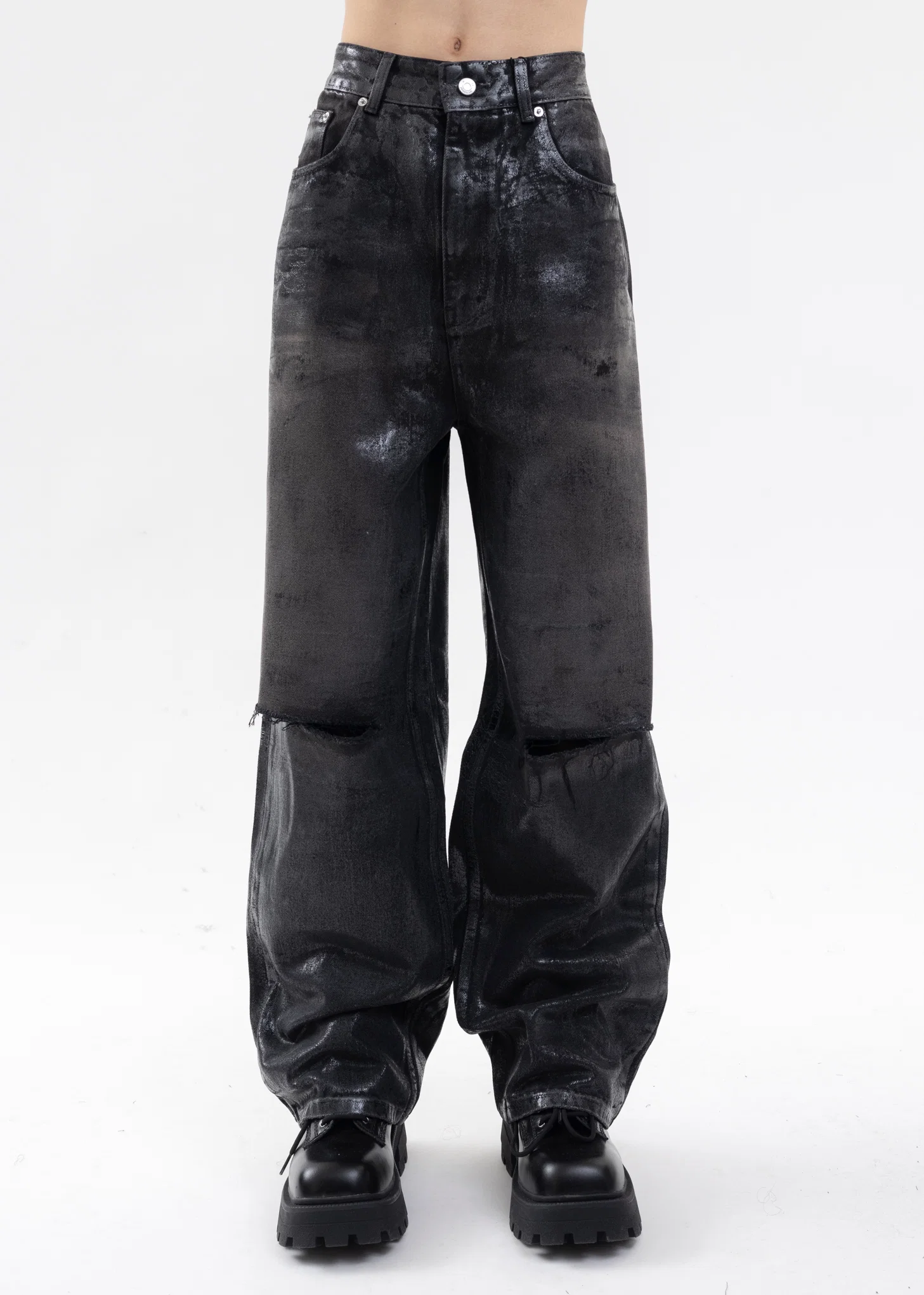 BLACK MENS FOIL COATED WIDE DEMIM PANTS