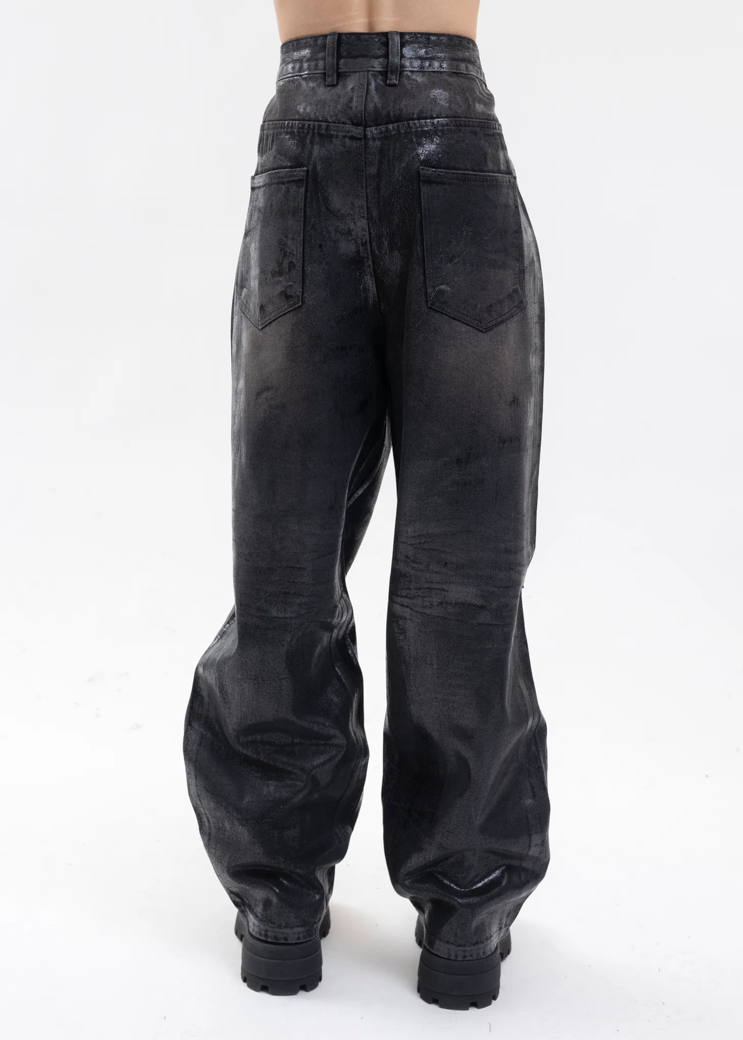 BLACK MENS FOIL COATED WIDE DEMIM PANTS - Image 2