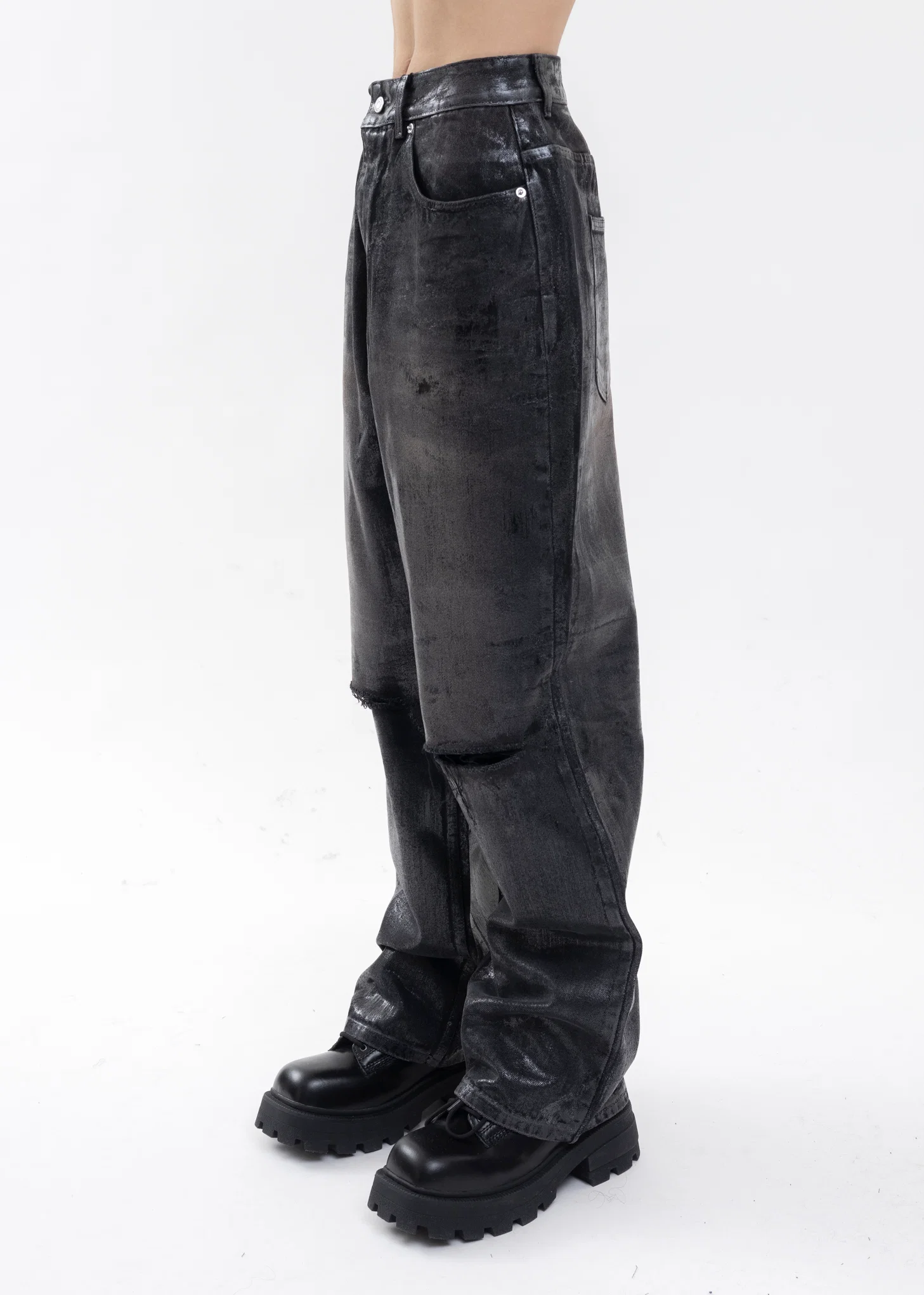 BLACK MENS FOIL COATED WIDE DEMIM PANTS - Image 4