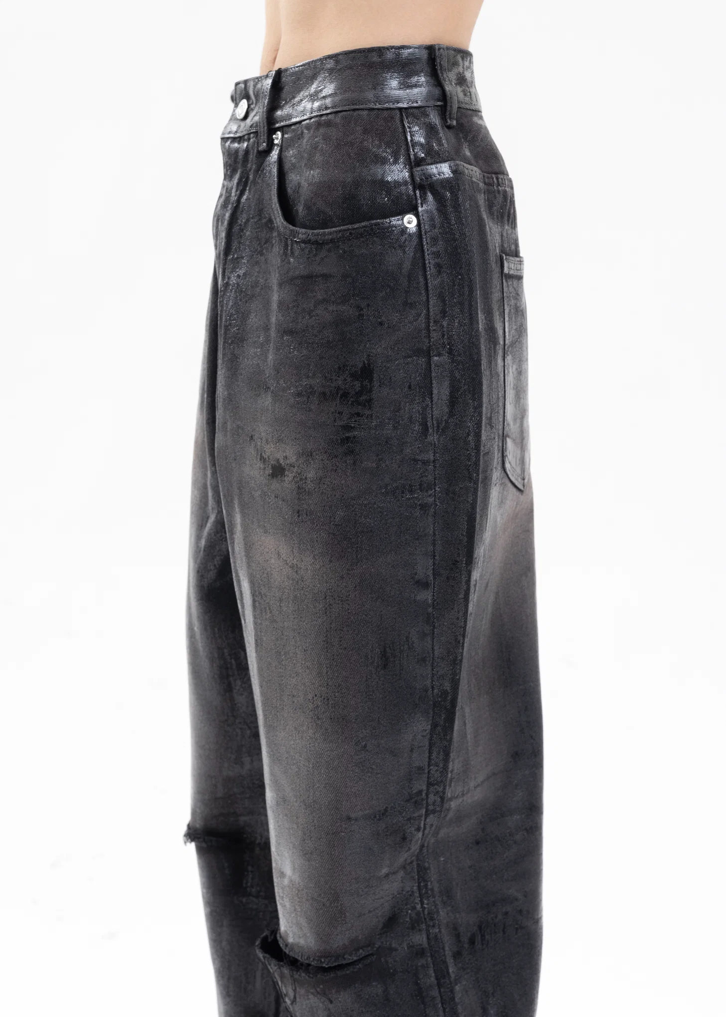 BLACK MENS FOIL COATED WIDE DEMIM PANTS - Image 5
