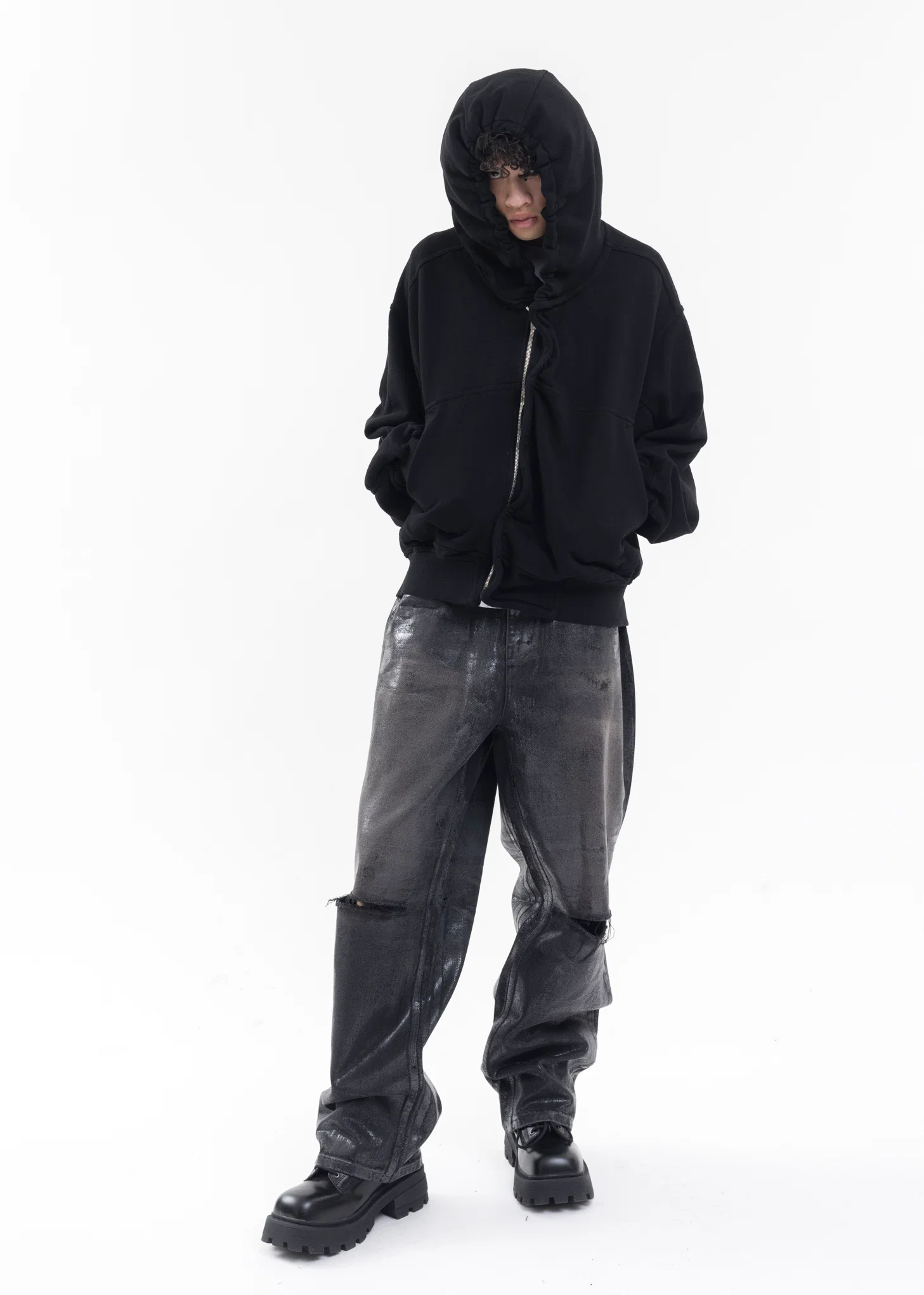 BLACK MENS FOIL COATED WIDE DEMIM PANTS - Image 7