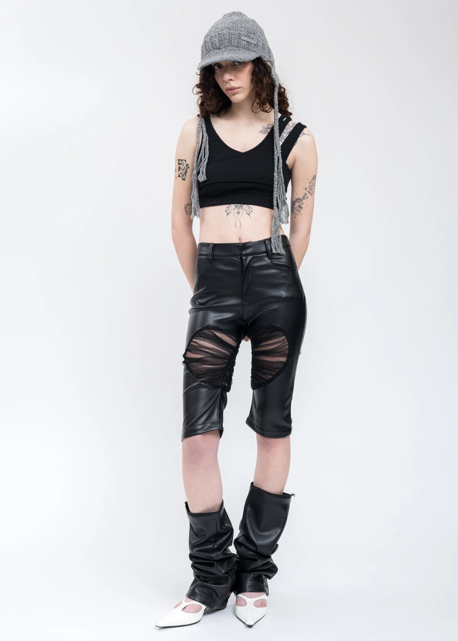 Black Mesh Patchwork Leather Pants - Image 2