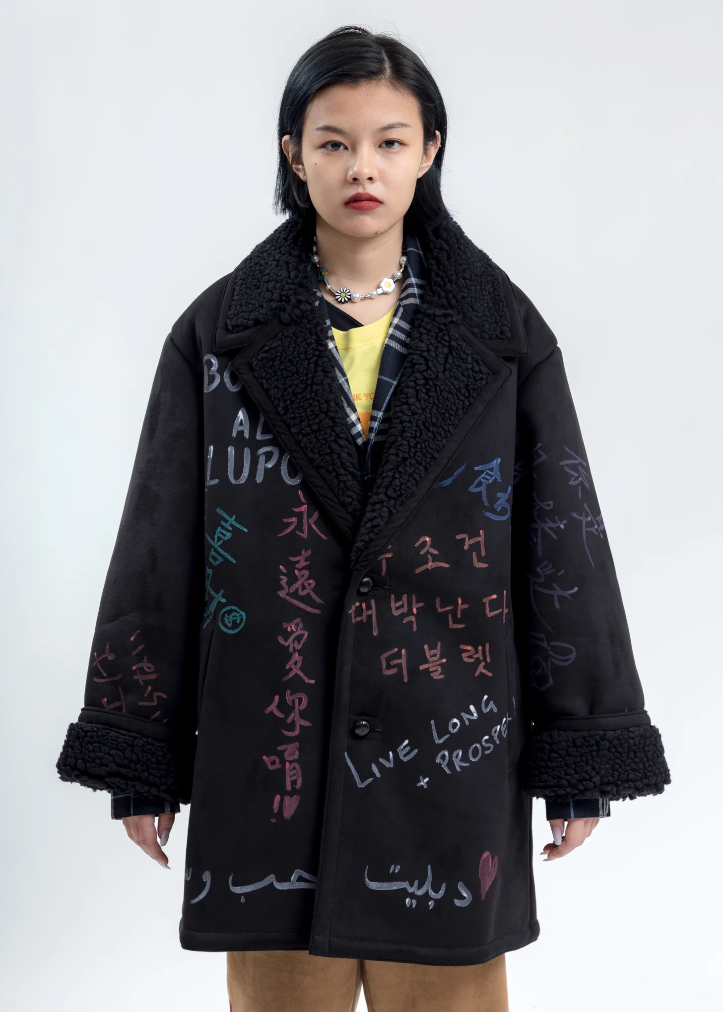 Black Message Hand-Painted Mouton Coat