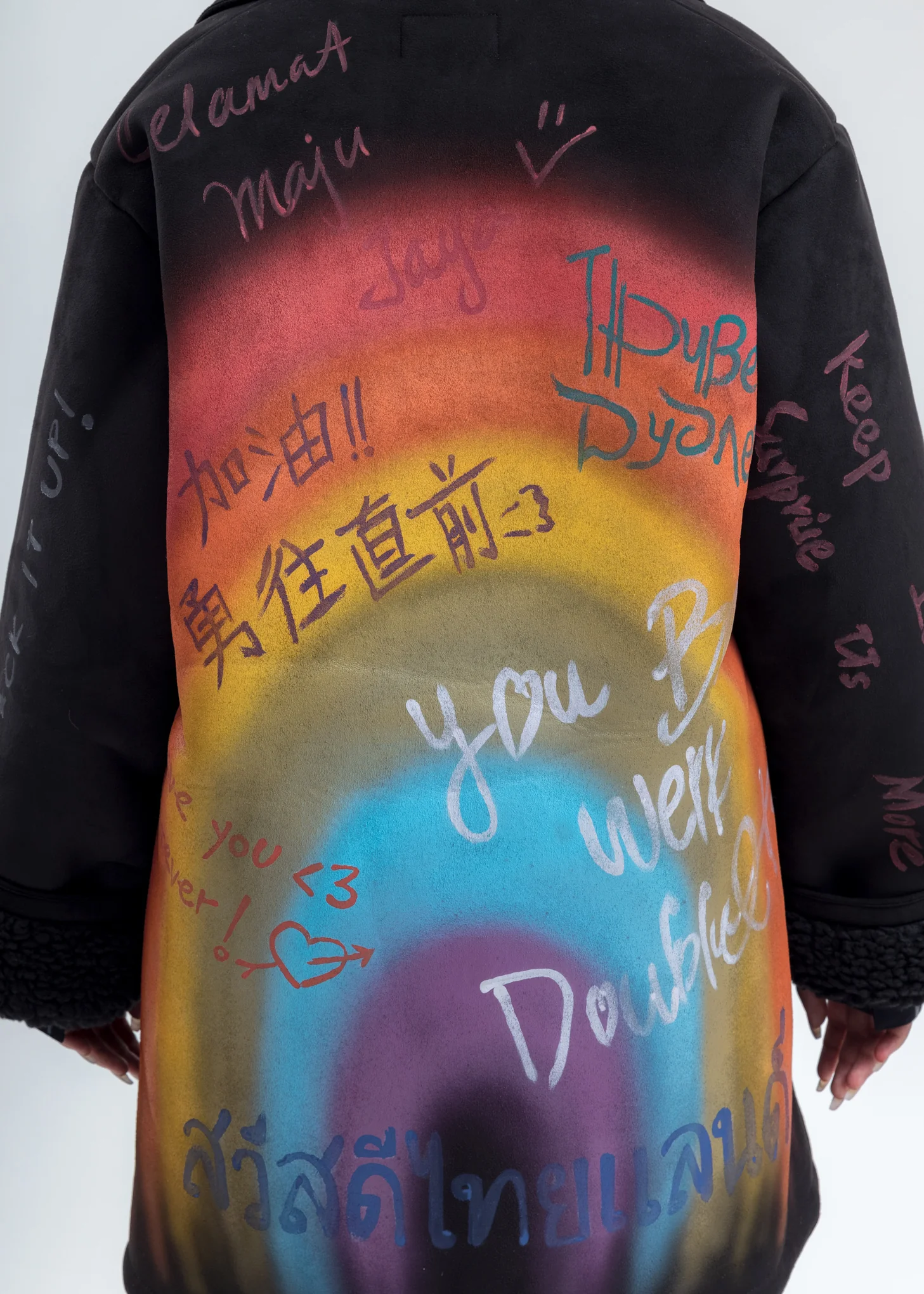 Black Message Hand-Painted Mouton Coat - Image 2