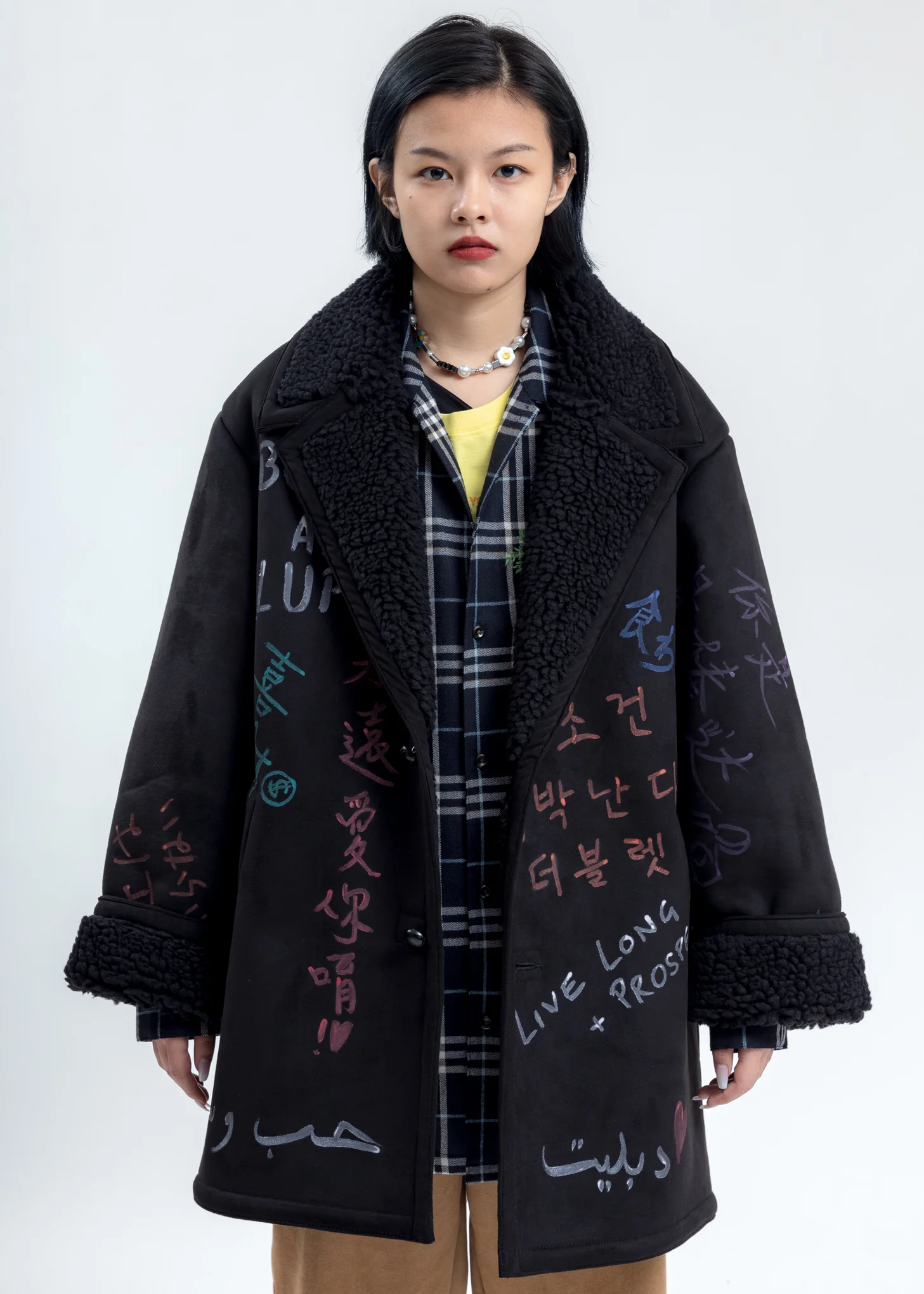 Black Message Hand-Painted Mouton Coat - Image 3