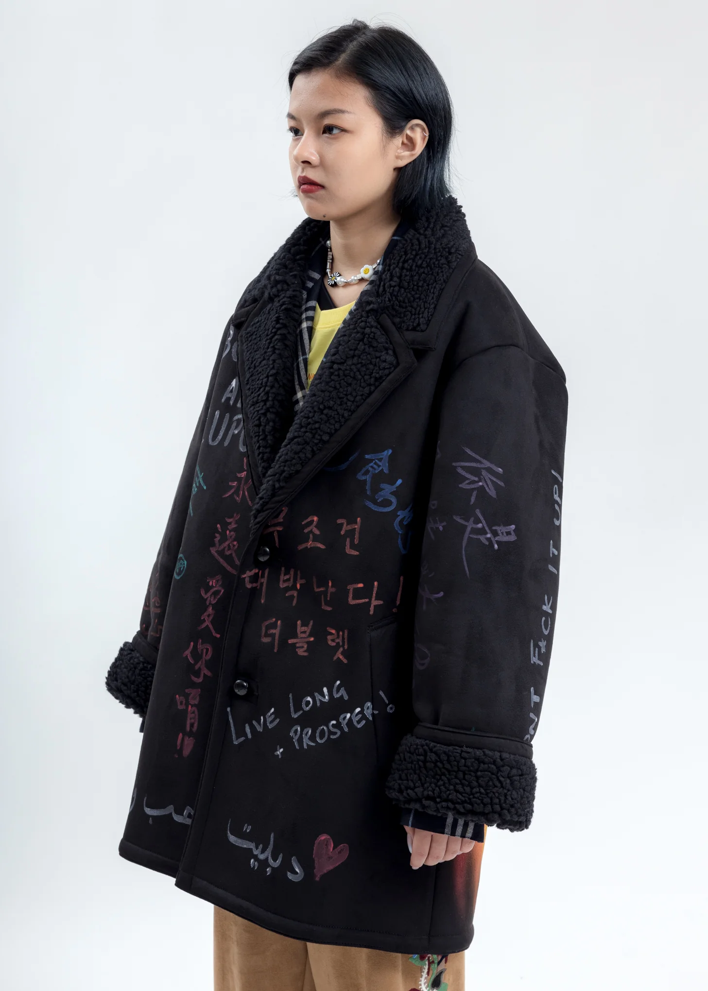 Black Message Hand-Painted Mouton Coat - Image 4