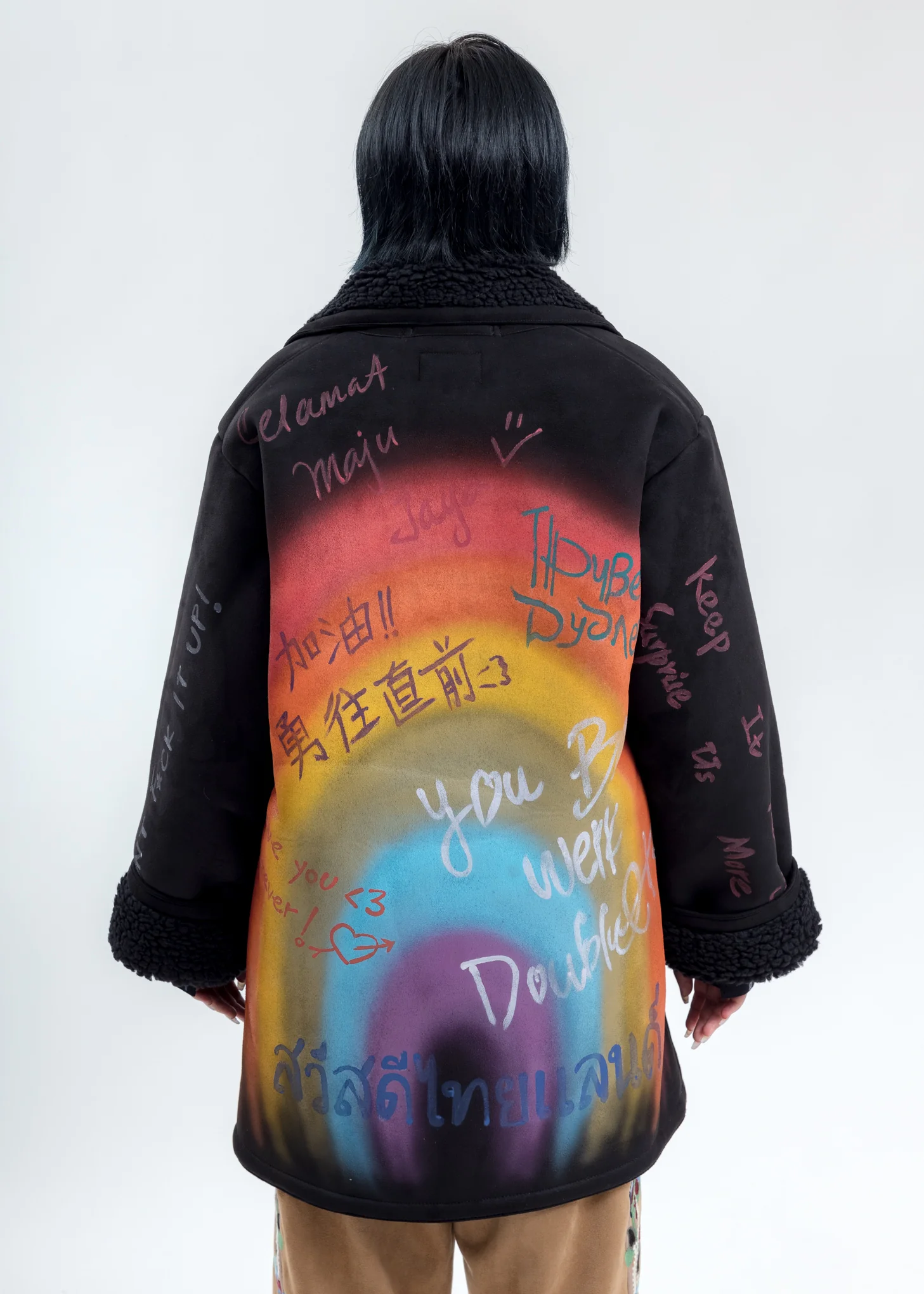 Black Message Hand-Painted Mouton Coat - Image 5