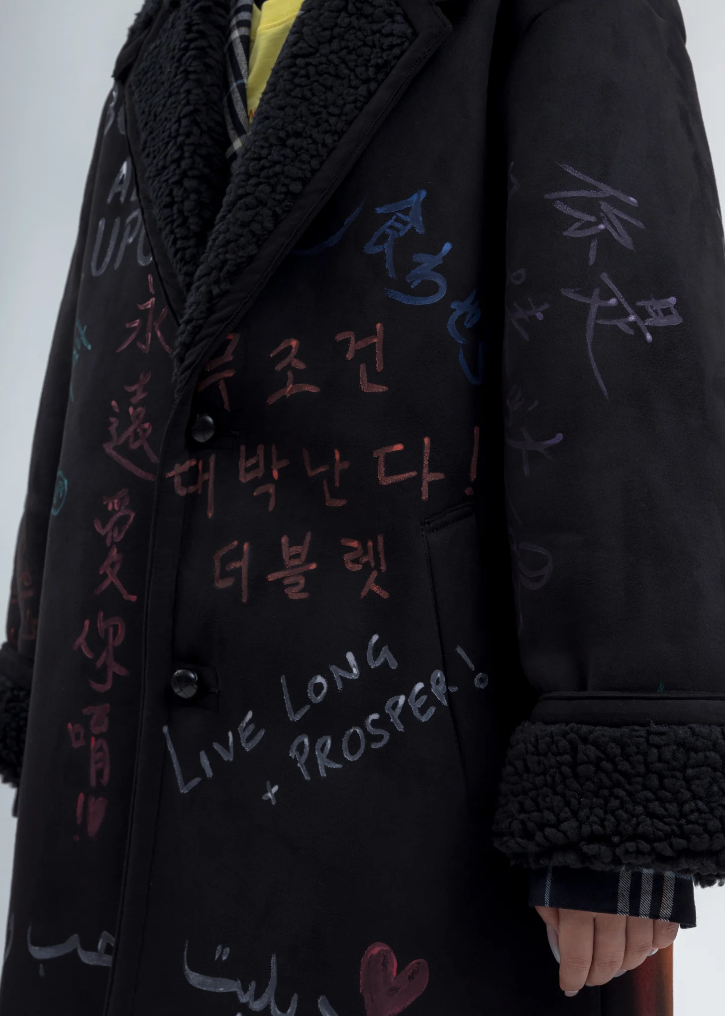Black Message Hand-Painted Mouton Coat - Image 6