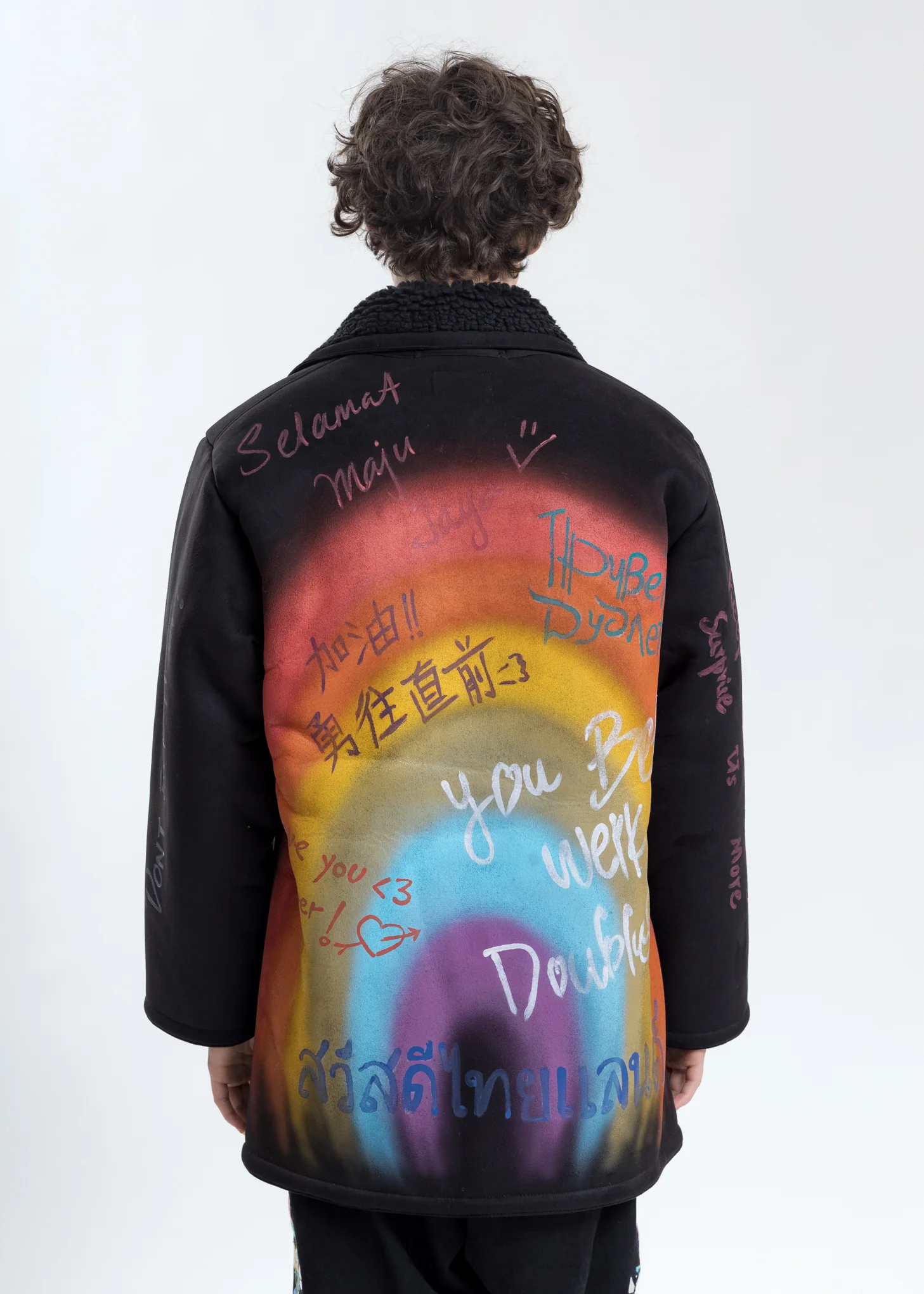 Black Message Hand-Painted Mouton Coat - Image 2