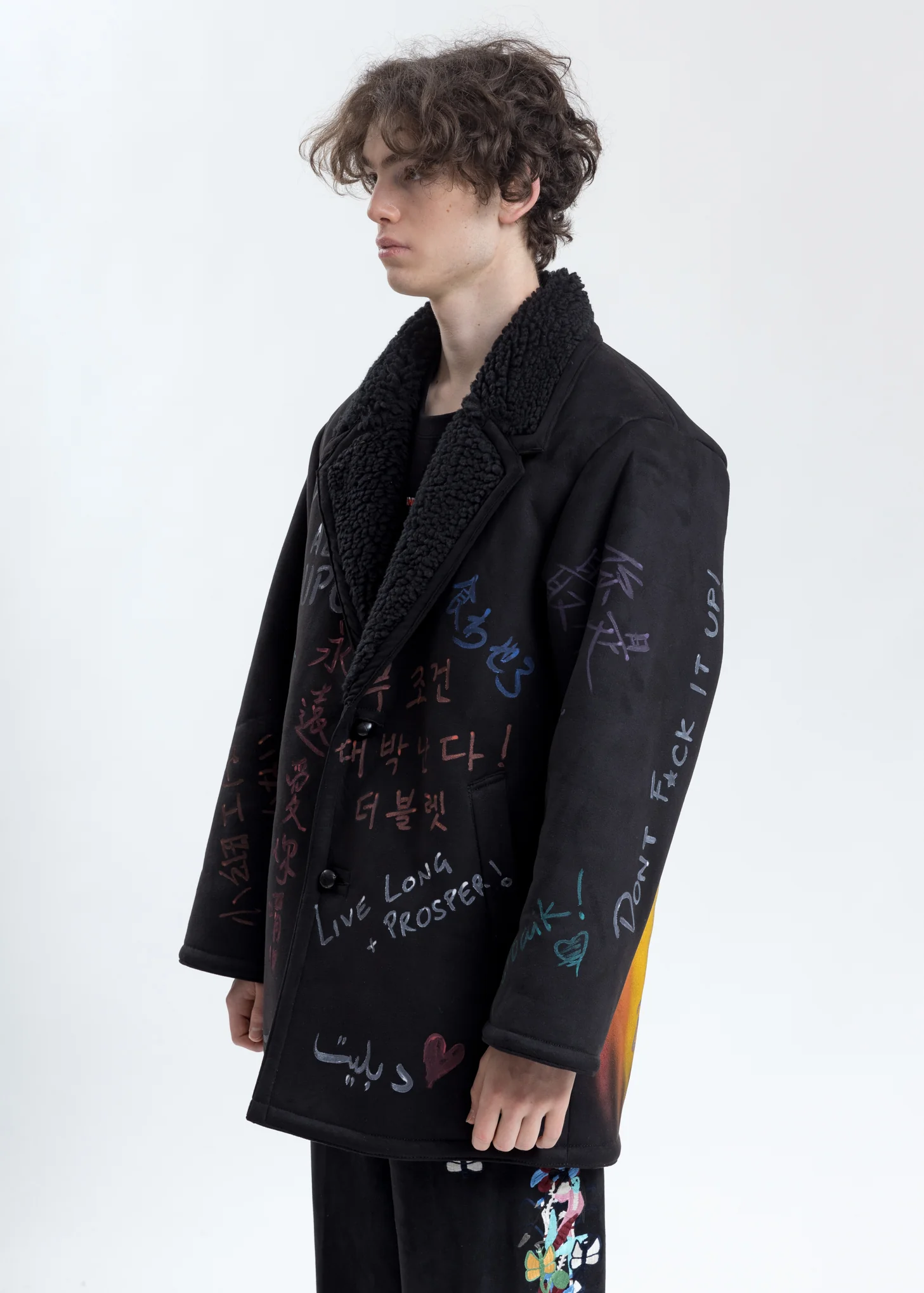 Black Message Hand-Painted Mouton Coat - Image 3