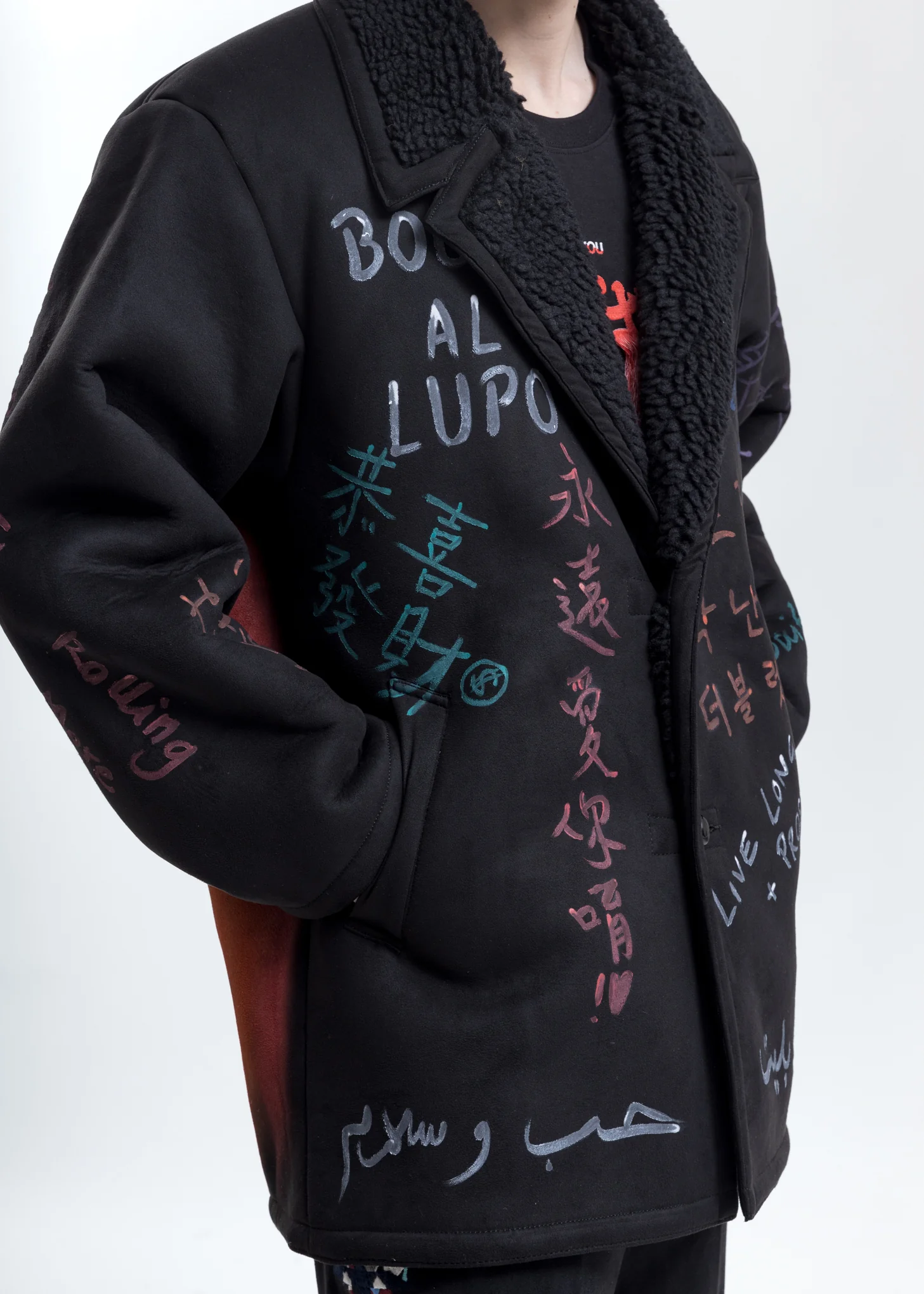 Black Message Hand-Painted Mouton Coat - Image 6