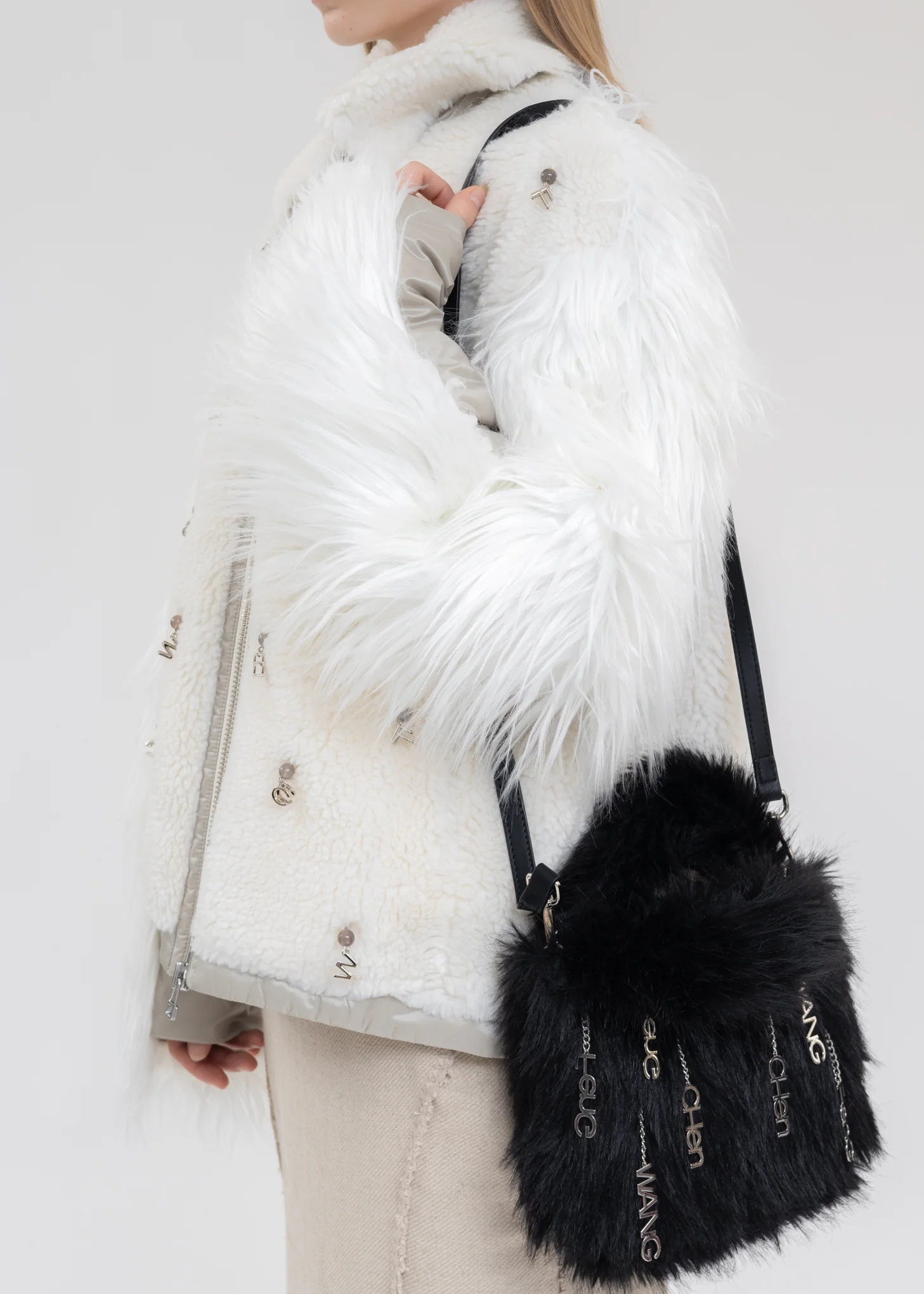Black Metal Embellishment Faux Fur Bag - Image 3