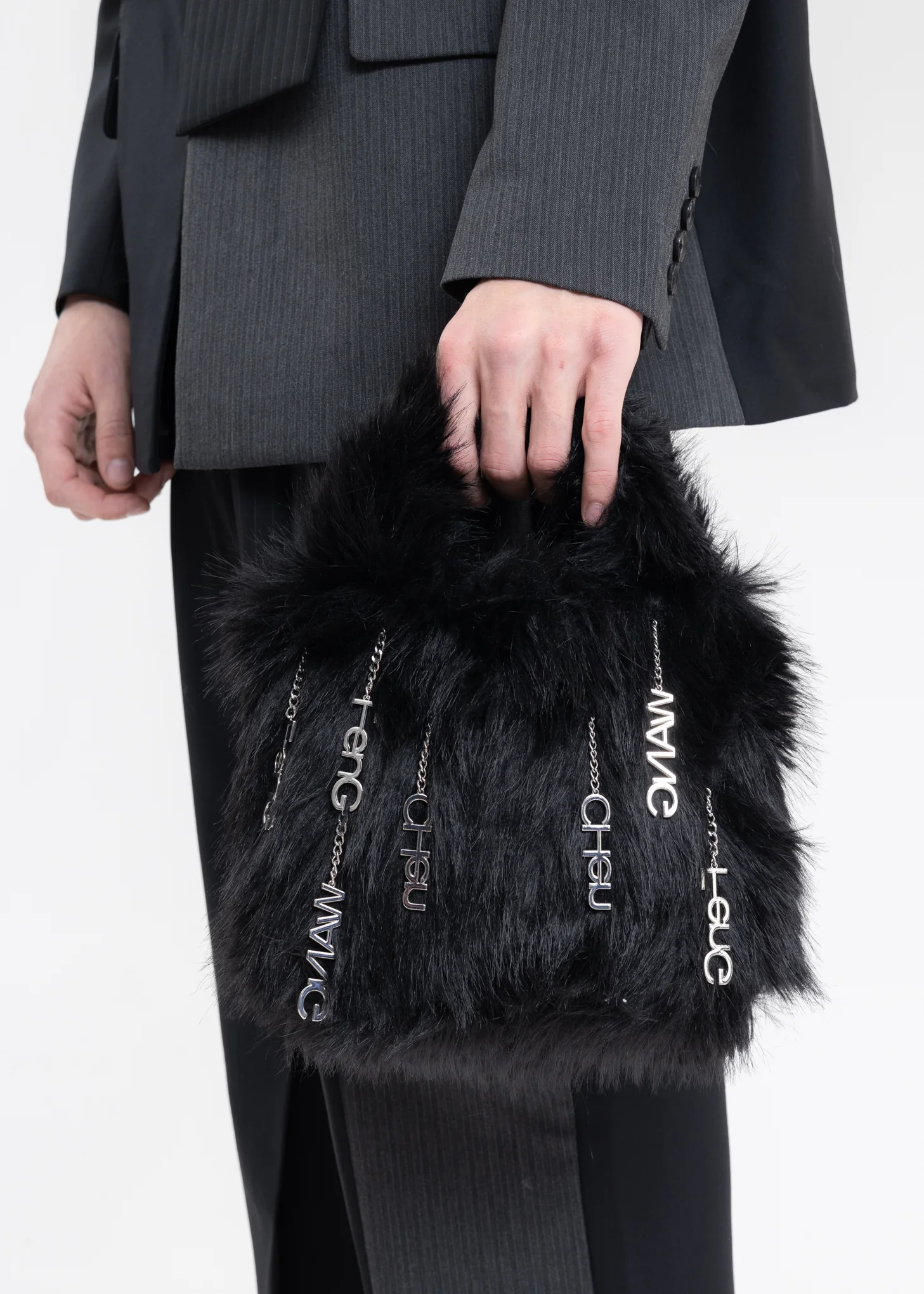 Black Metal Embellishment Faux Fur Bag - Image 2