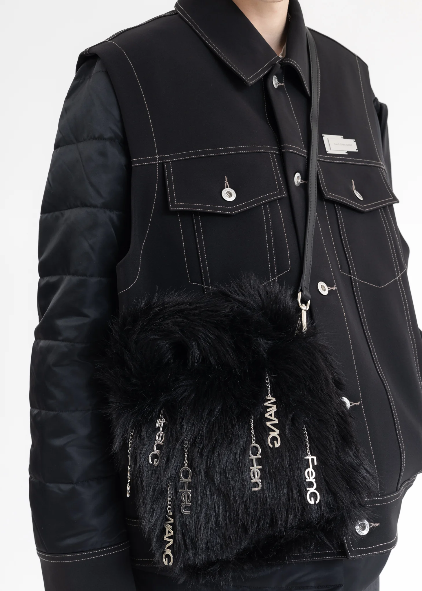 Black Metal Embellishment Faux Fur Bag - Image 3
