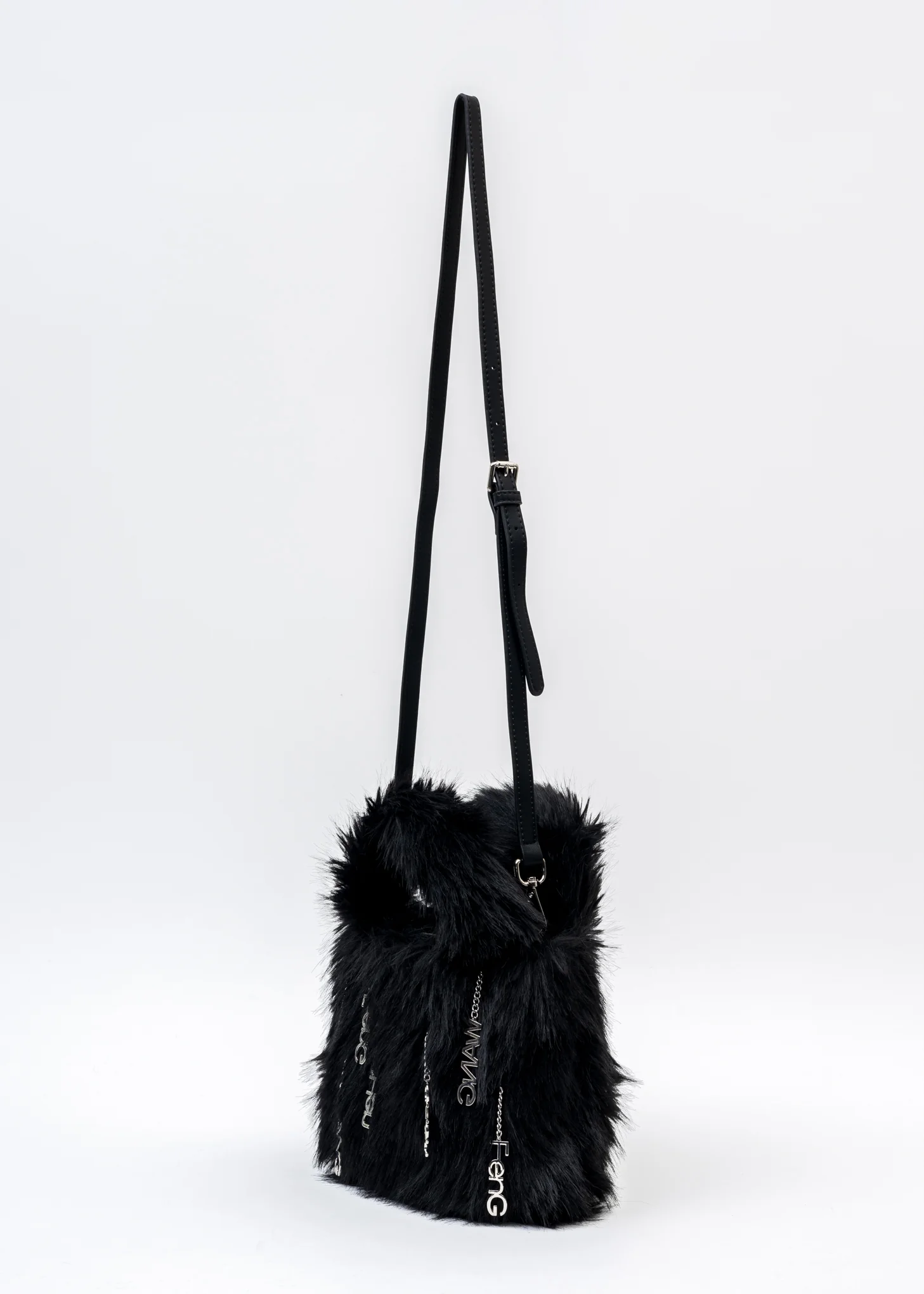 Black Metal Embellishment Faux Fur Bag - Image 6