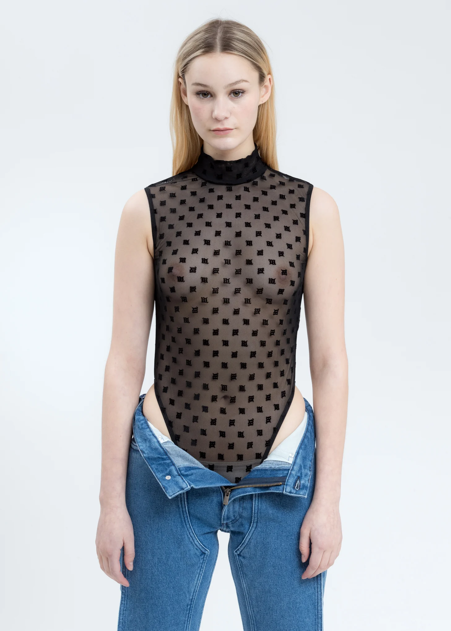 Black Monogram Mesh Sleeveless Bodysuit
