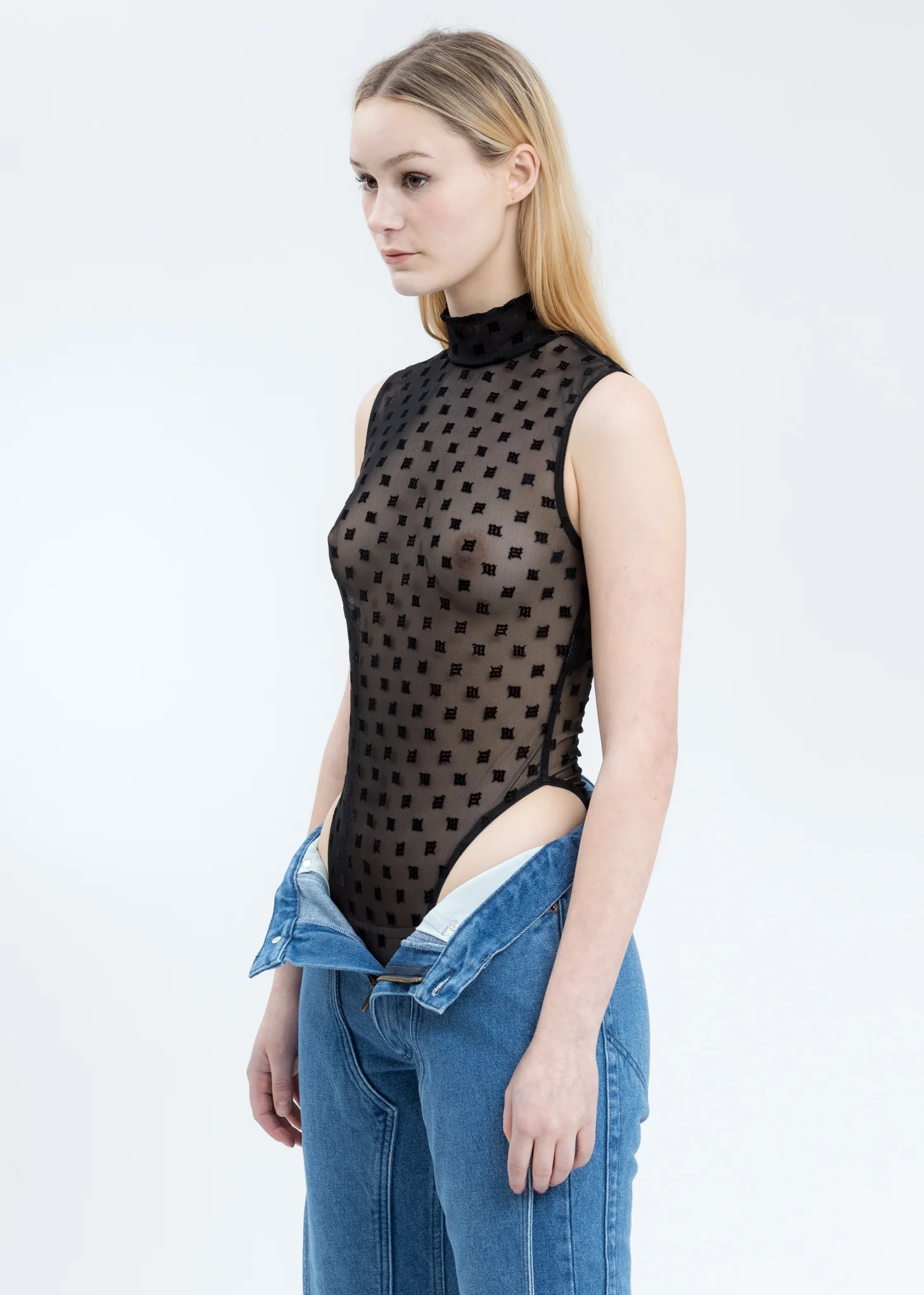 Black Monogram Mesh Sleeveless Bodysuit - Image 2