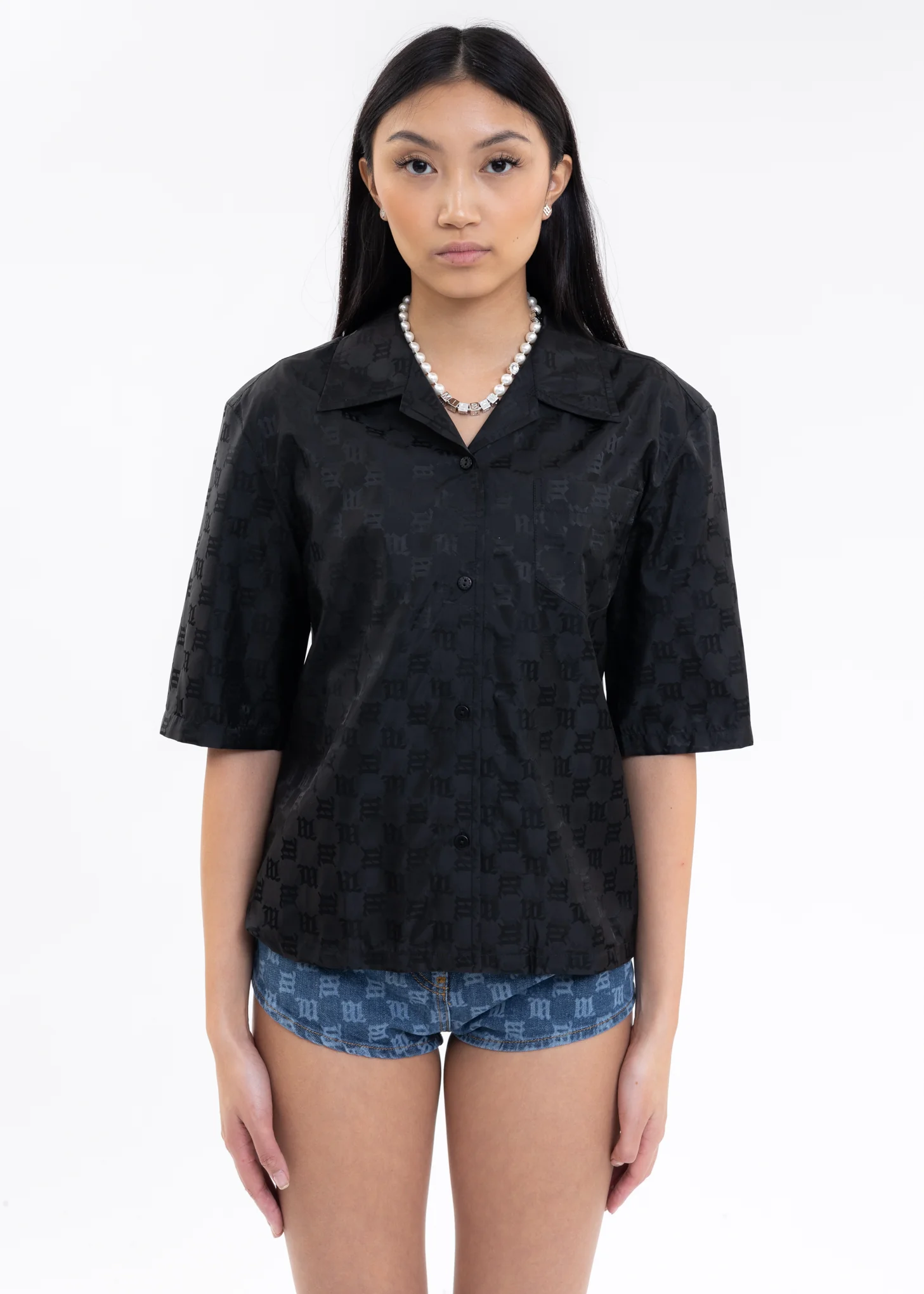 Black MONOGRAM NYLON CROPPED S/L Shirt