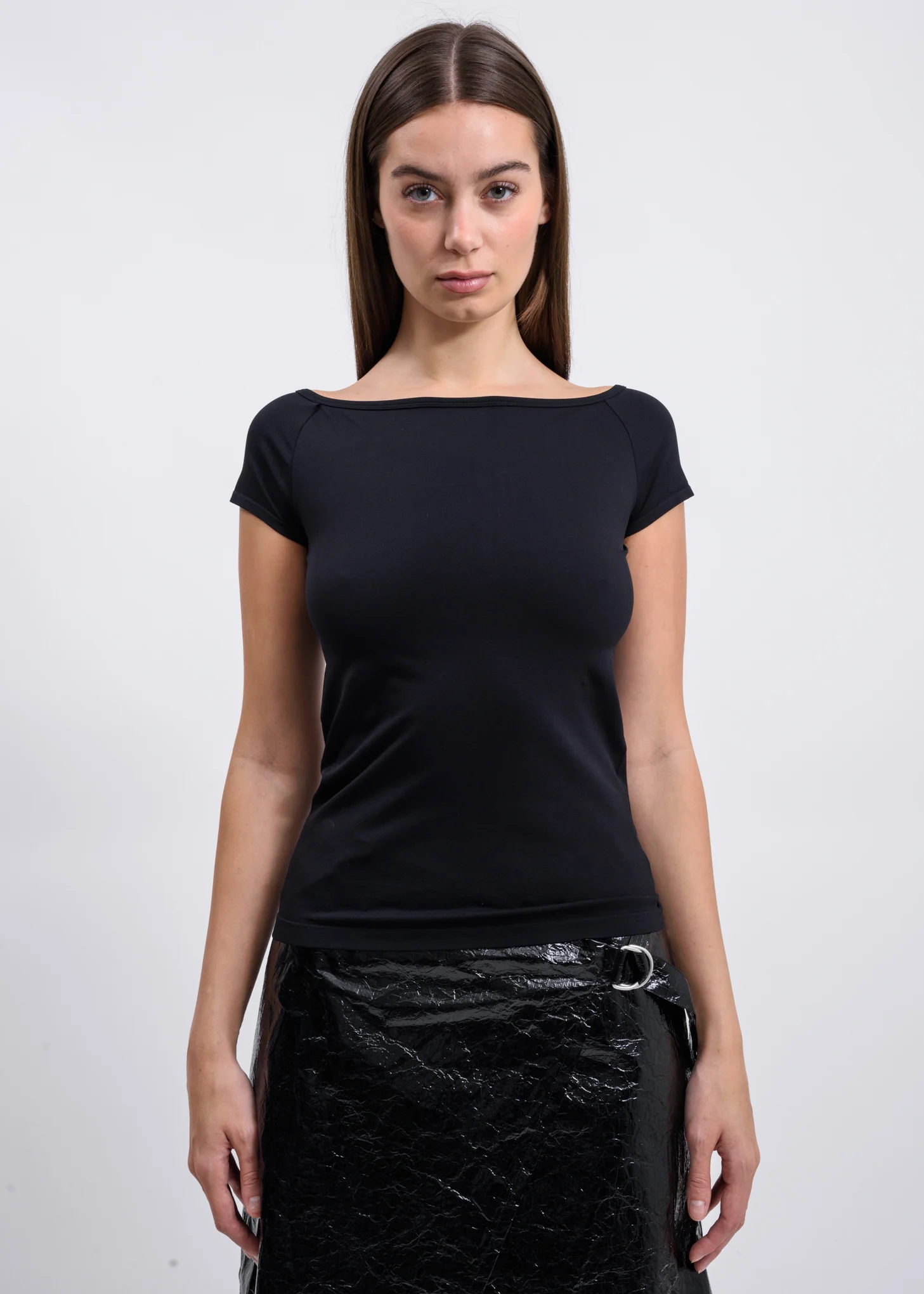 Black Open Boat Neck T-Shirt