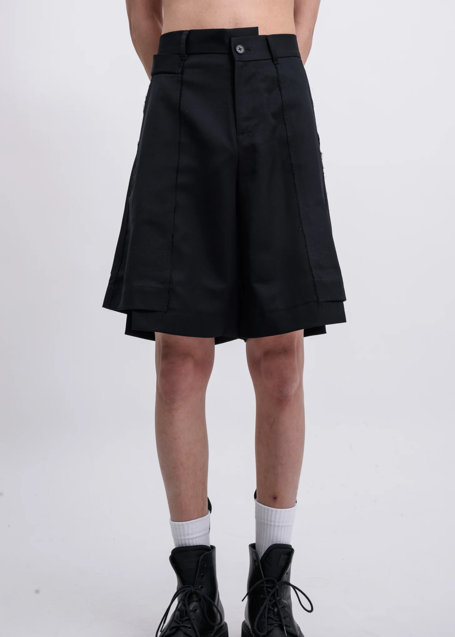Black Panelled Pleat Shorts