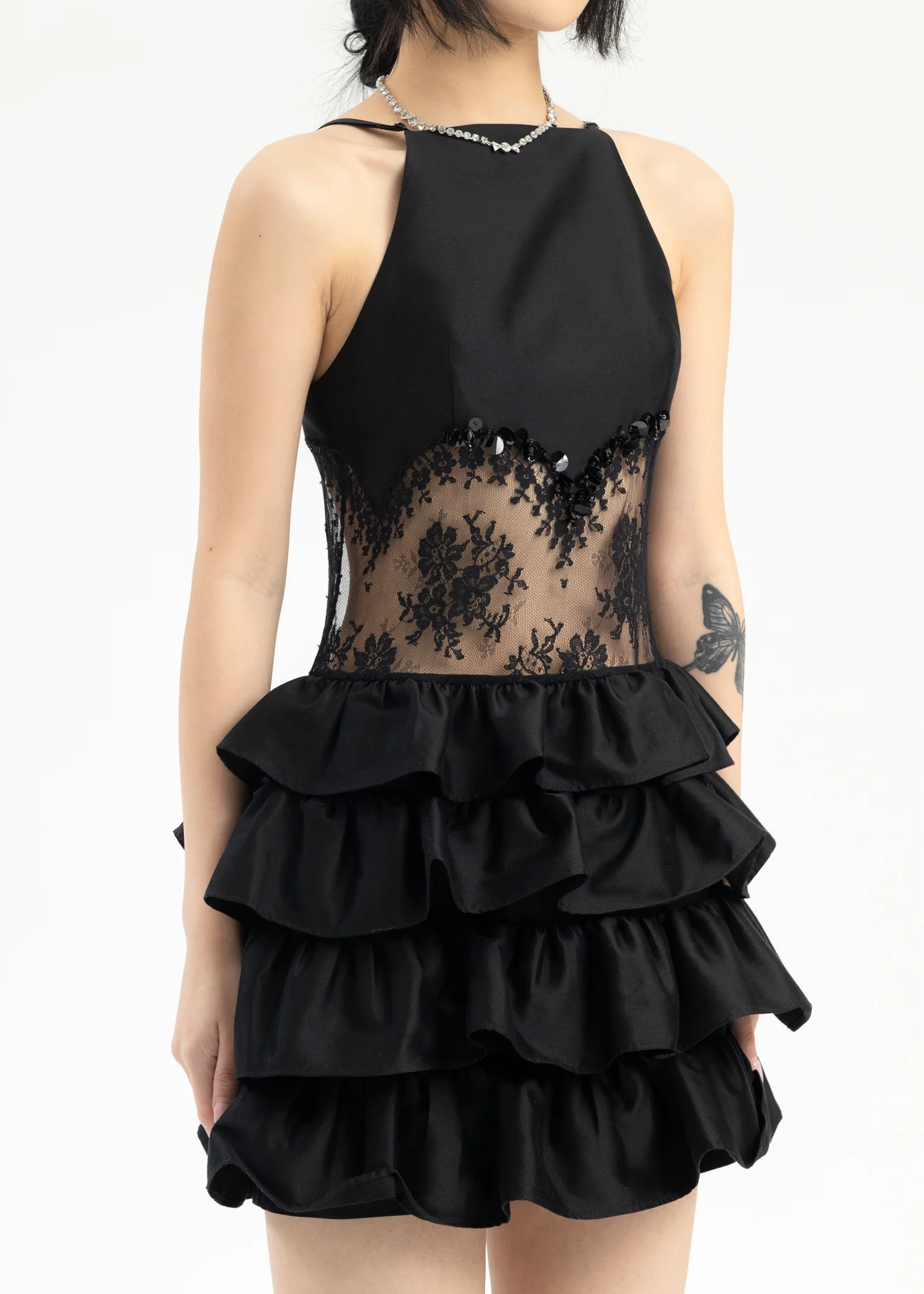 Black Patchwork Multi-Layer Short Dress - Image 2