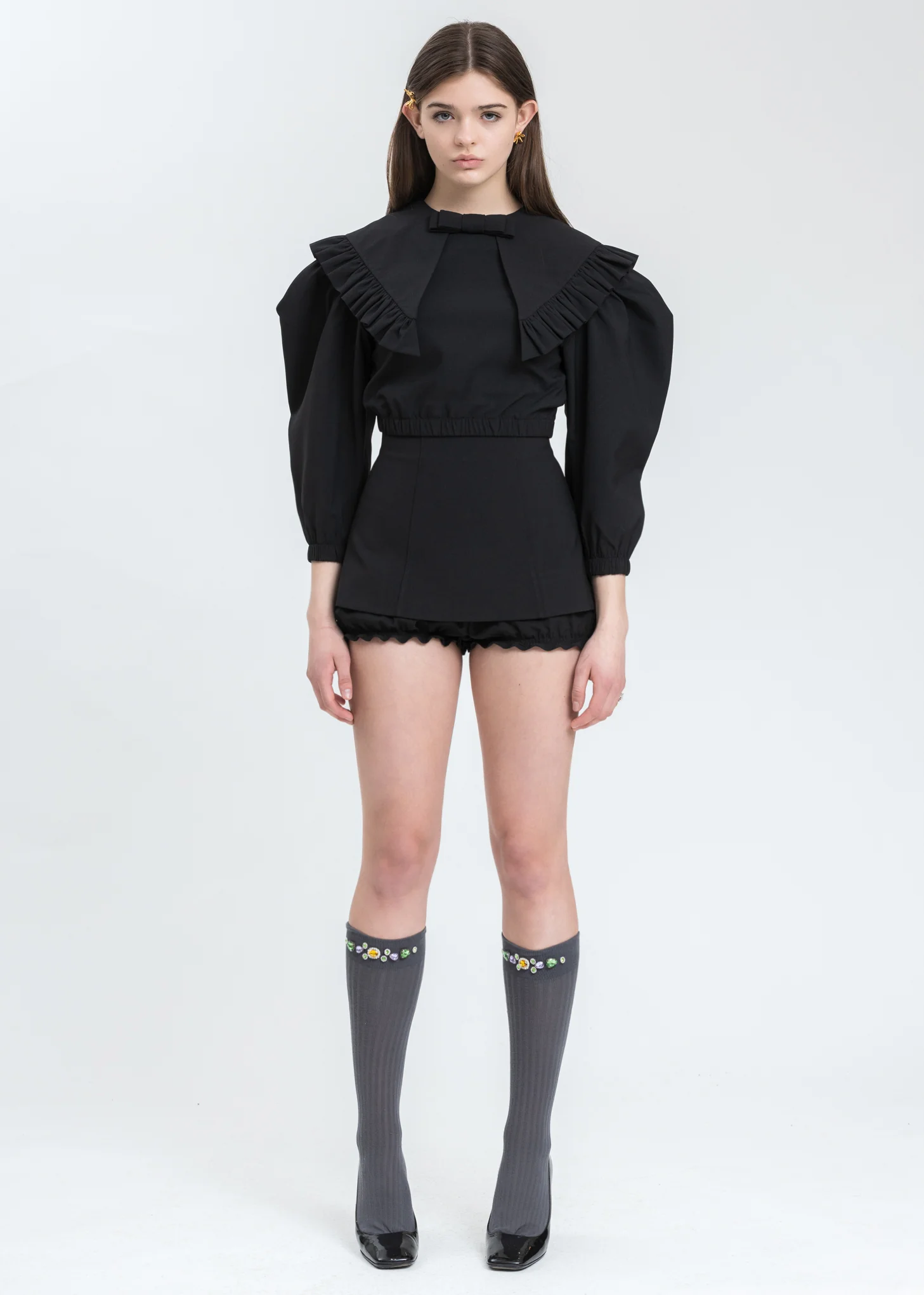 Black Peaked Collar Bow Blouse - Image 5