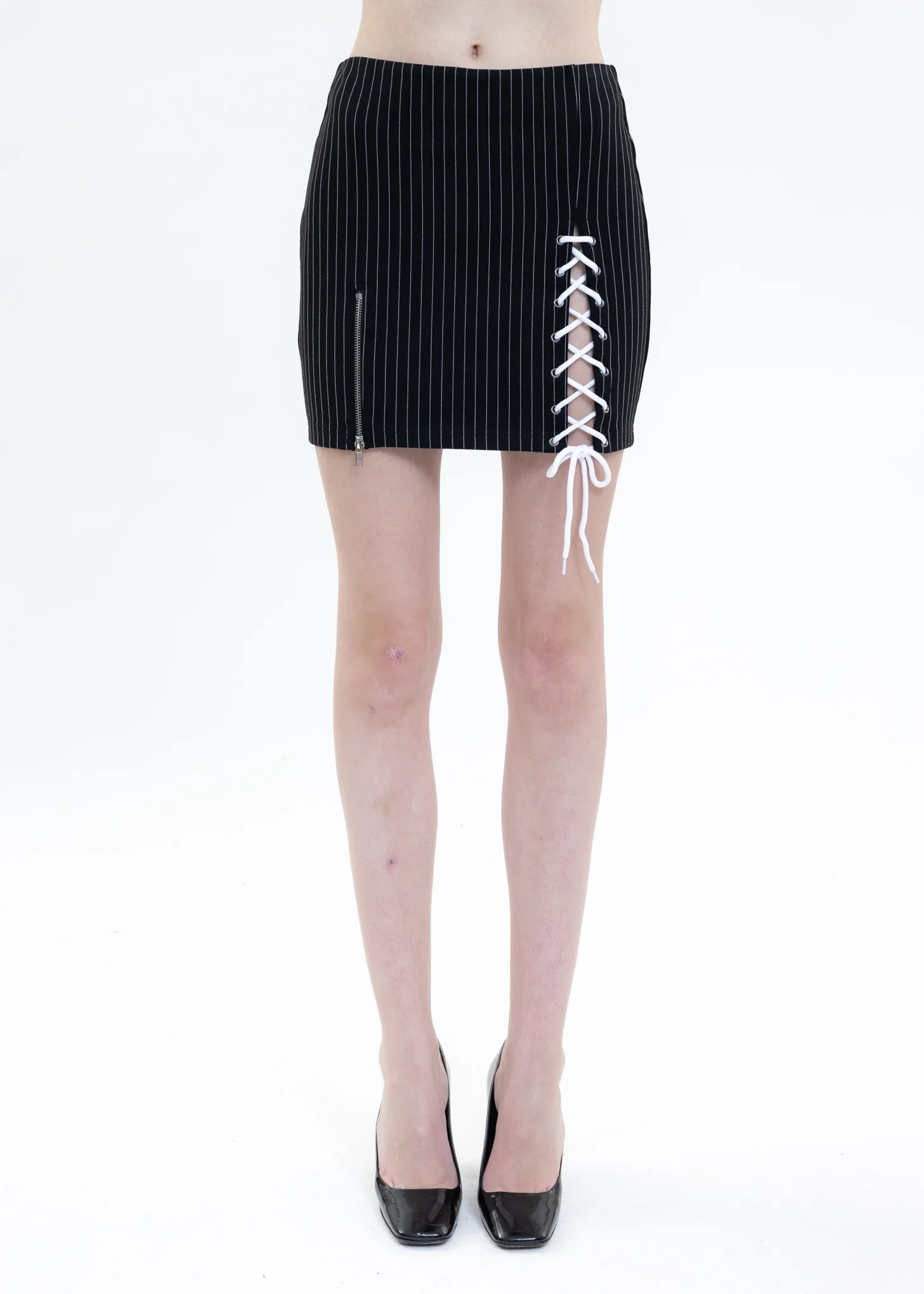 Black Pinstripe Lace Up Zip Skirt