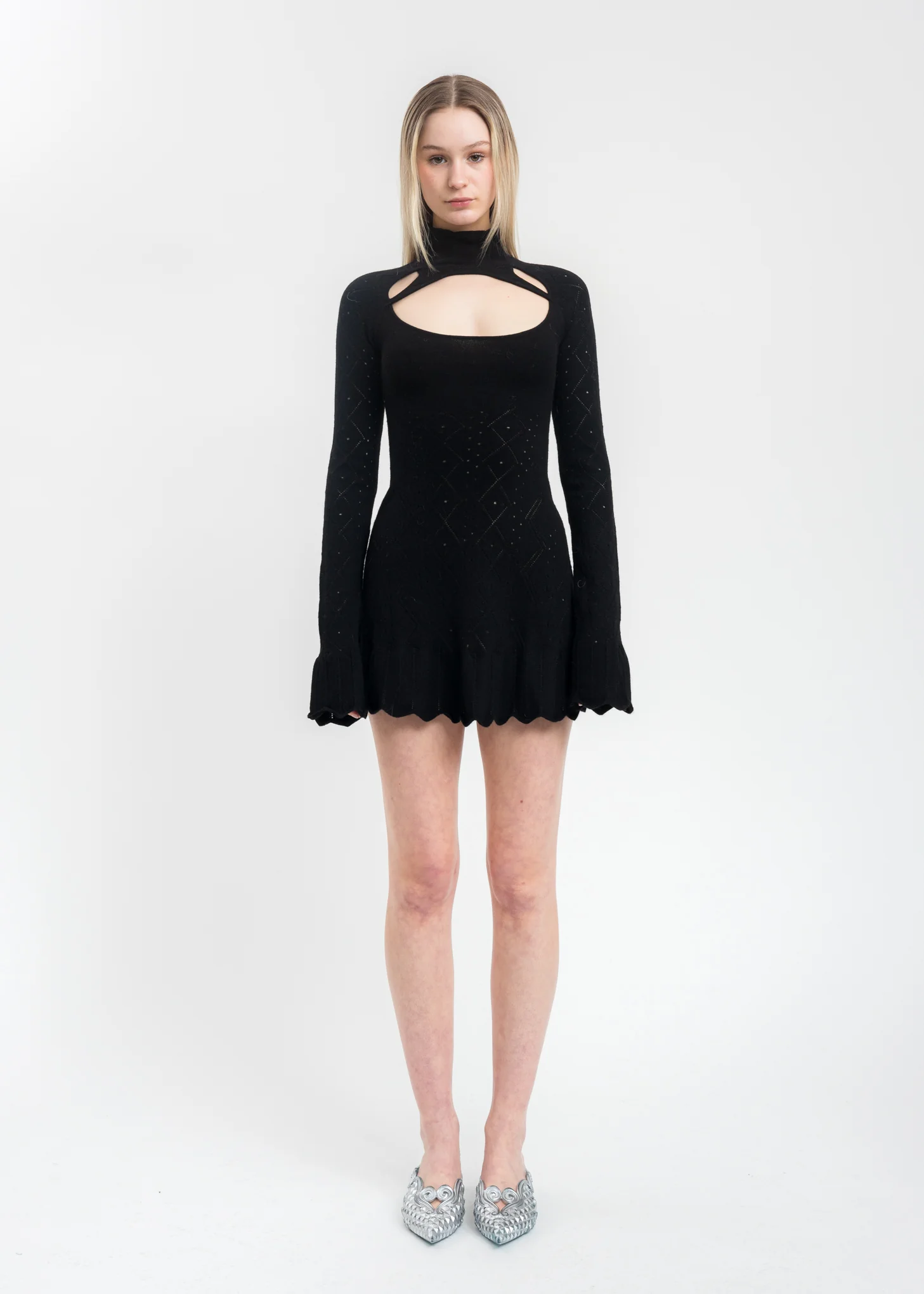 Black Pointelle Knit Turtleneck Dress
