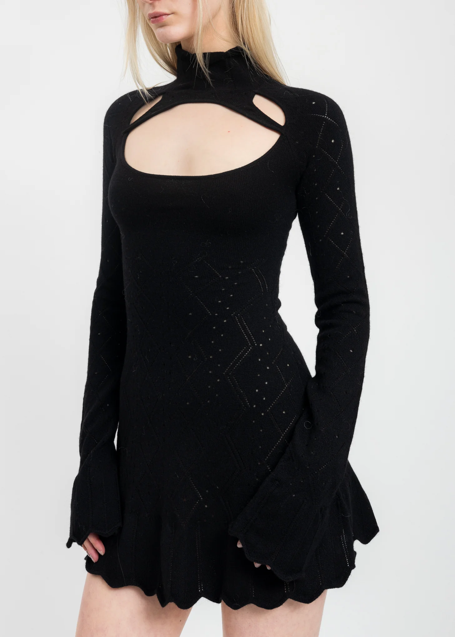 Black Pointelle Knit Turtleneck Dress - Image 2