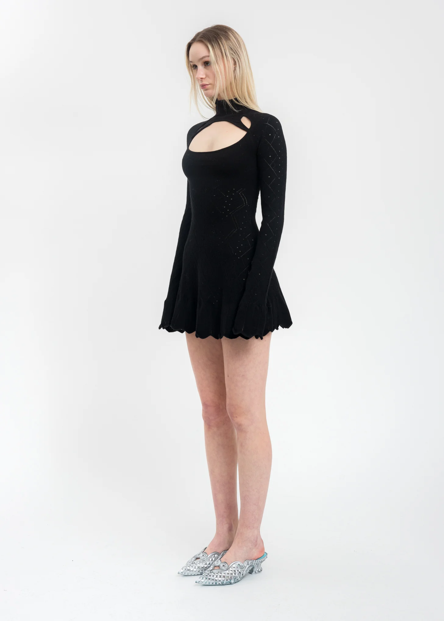 Black Pointelle Knit Turtleneck Dress - Image 3