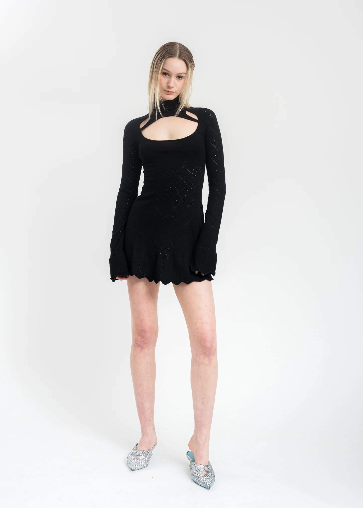 Black Pointelle Knit Turtleneck Dress - Image 5