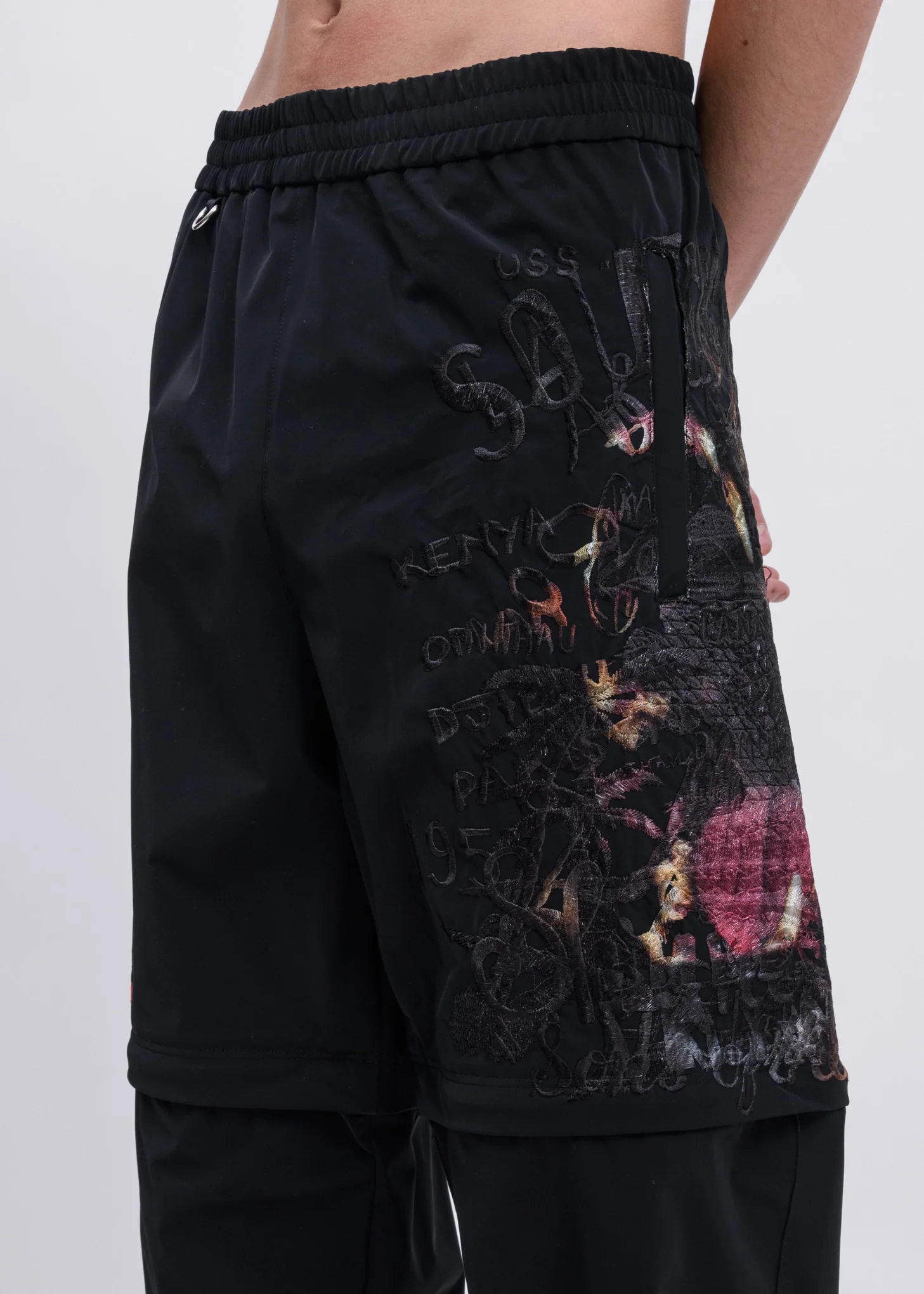 Black Printed Chaos Embroidery Two Way Pants - Image 3