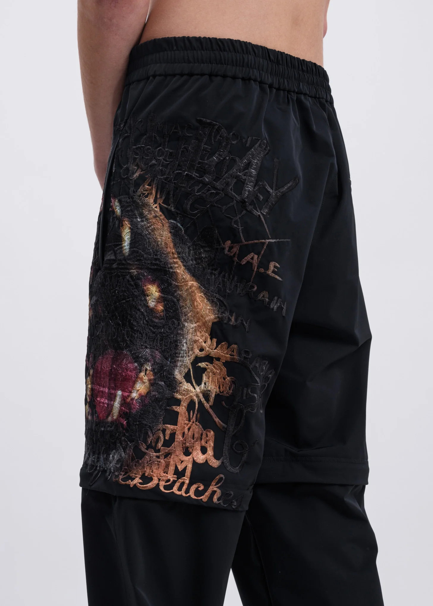 Black Printed Chaos Embroidery Two Way Pants - Image 4